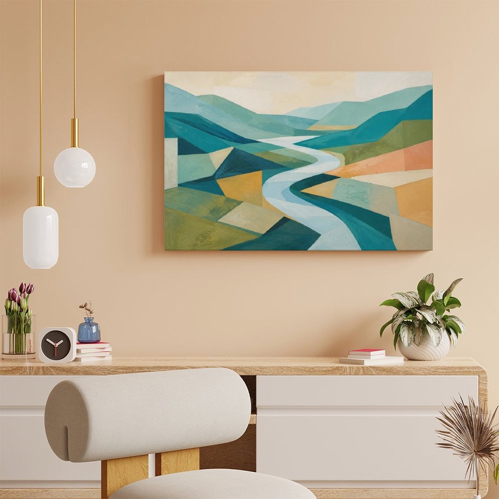 Geometric Abstract Valley River Framed Canvas Wall Art | Mid-Century Modern Landscape Print