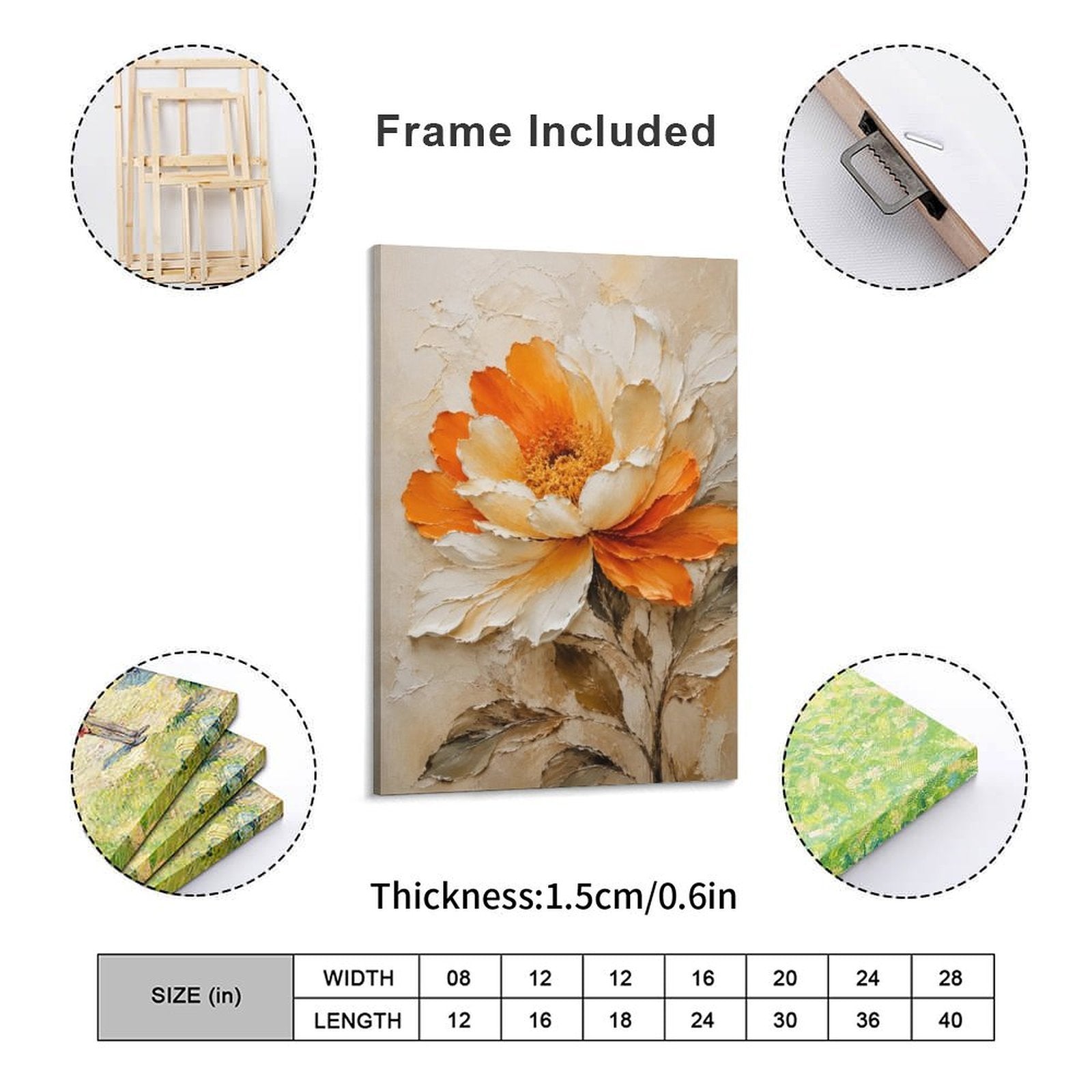 Orange & White Peony Textured Framed Canvas Wall Art | Floral Oil Painting Print