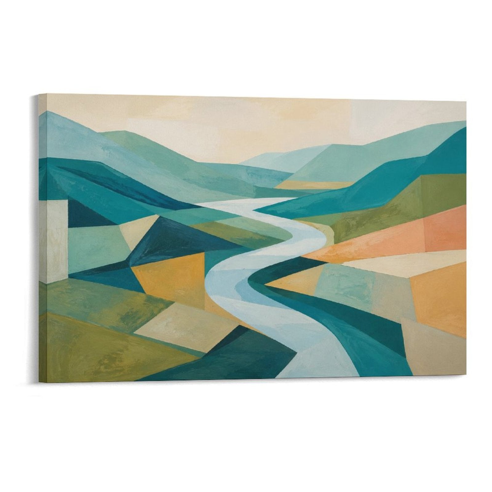 Geometric Abstract Valley River Mid-Century Modern Landscape Framed Canvas Wall Art