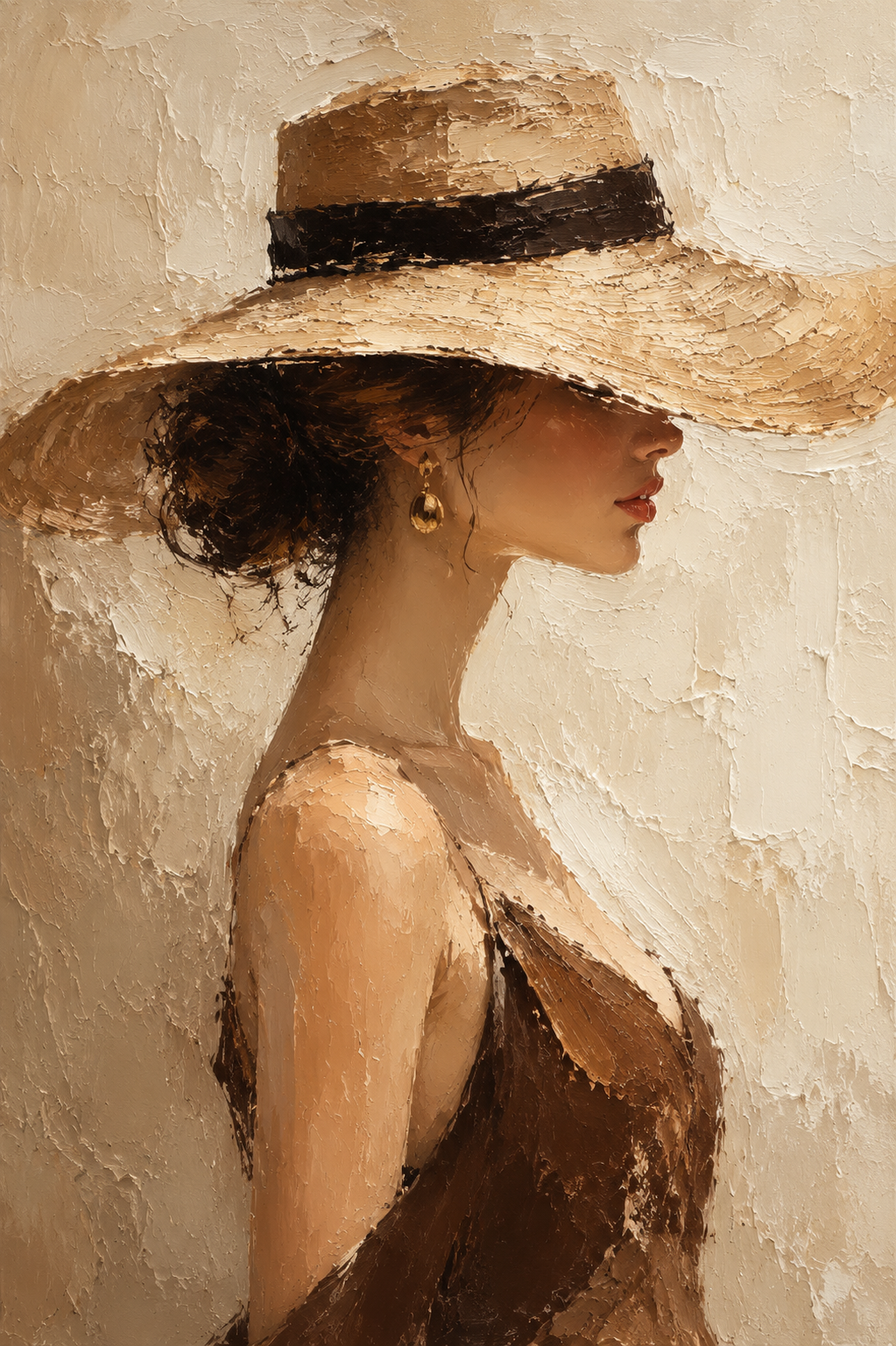 Elegant Woman Wide Brim Hat Textured Framed Canvas Wall Art | Neutral Figurative Portrait Print
