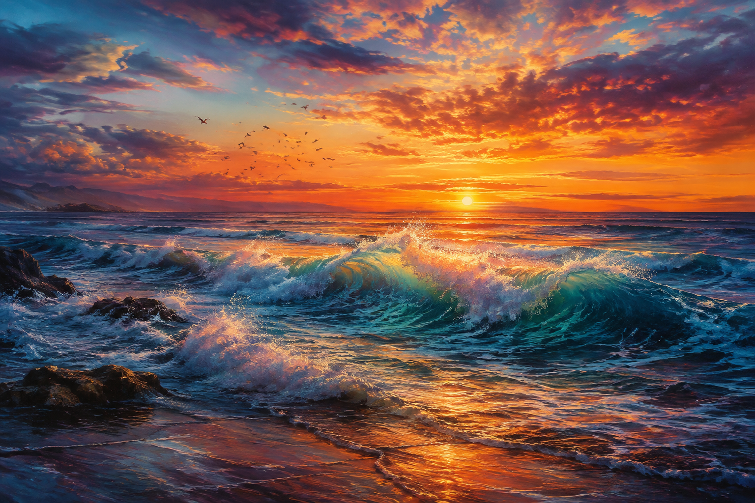 Dramatic Ocean Wave Sunset Framed Canvas Wall Art | Teal Crashing Wave Seascape Print
