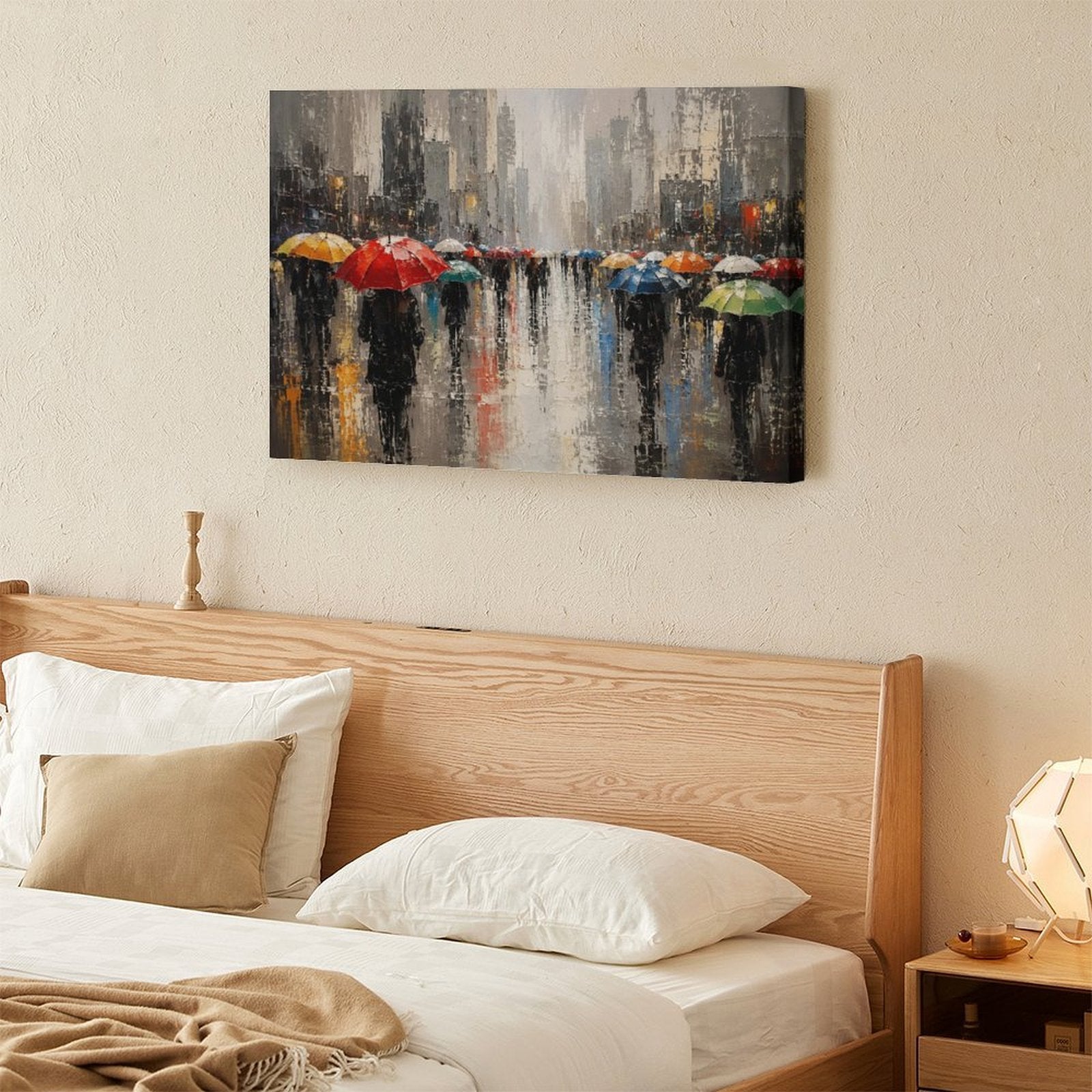 Rainy City Street Colorful Umbrellas Framed Canvas Wall Art | Impressionist Urban Scene Print