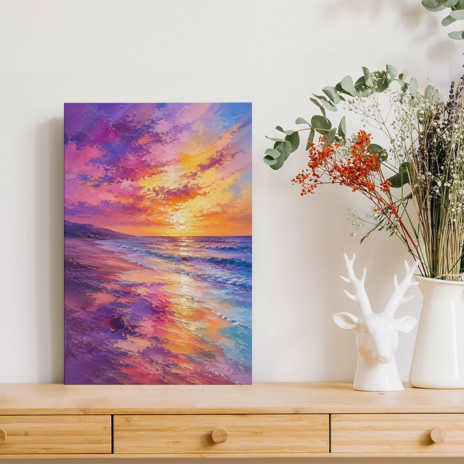 Purple Orange Sunset Beach Framed Canvas Wall Art | Vibrant Coastal Seascape Print