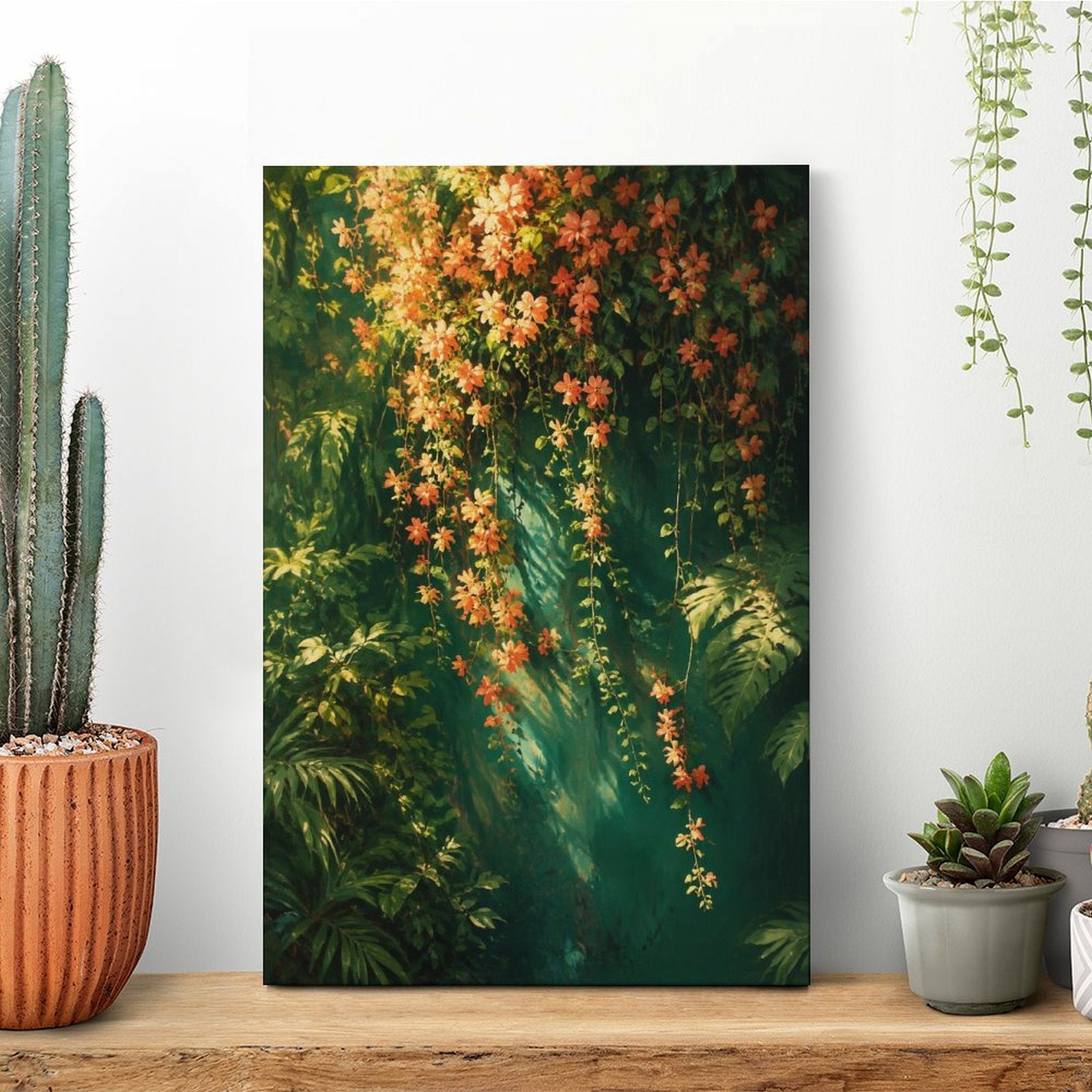 Tropical Rainforest Hanging Orange Flowers Framed Canvas Wall Art | Lush Botanical Nature Print