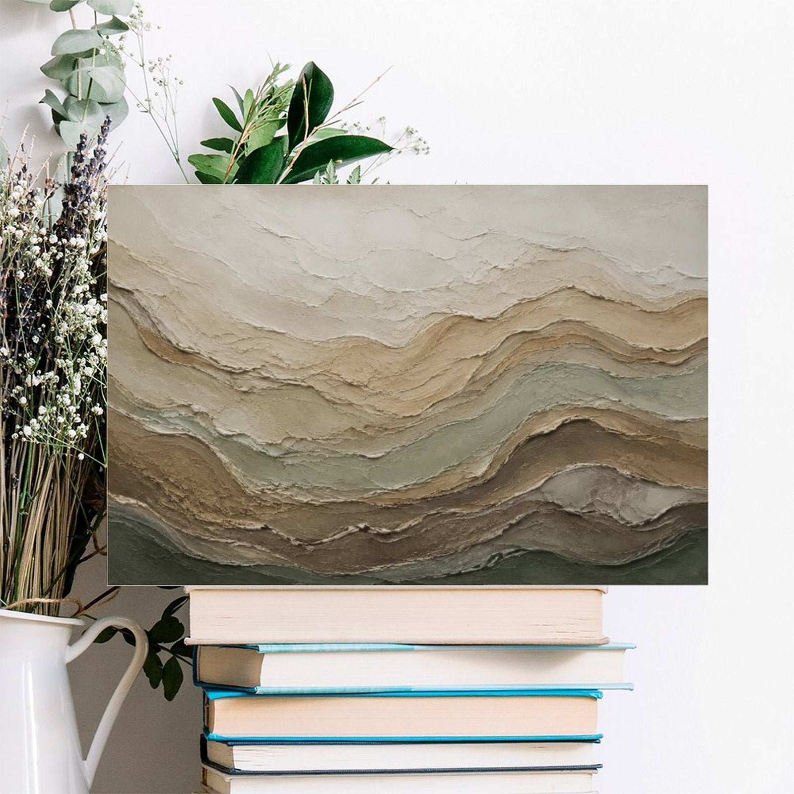 Earth Tone Layered Wave Textured Abstract Framed Canvas Wall Art | Neutral Geological Print