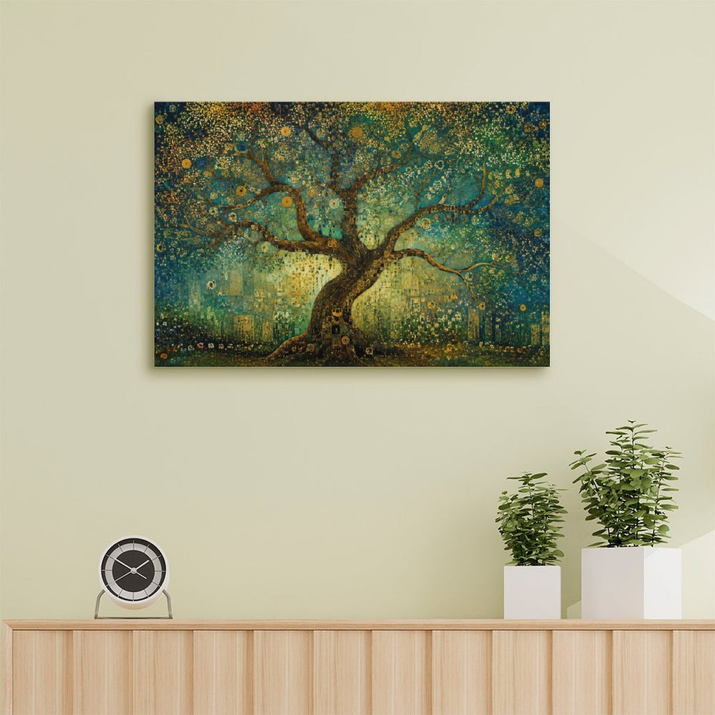 Klimt-Style Tree of Life Gold Mosaic Framed Canvas Wall Art | Art Nouveau Teal Print