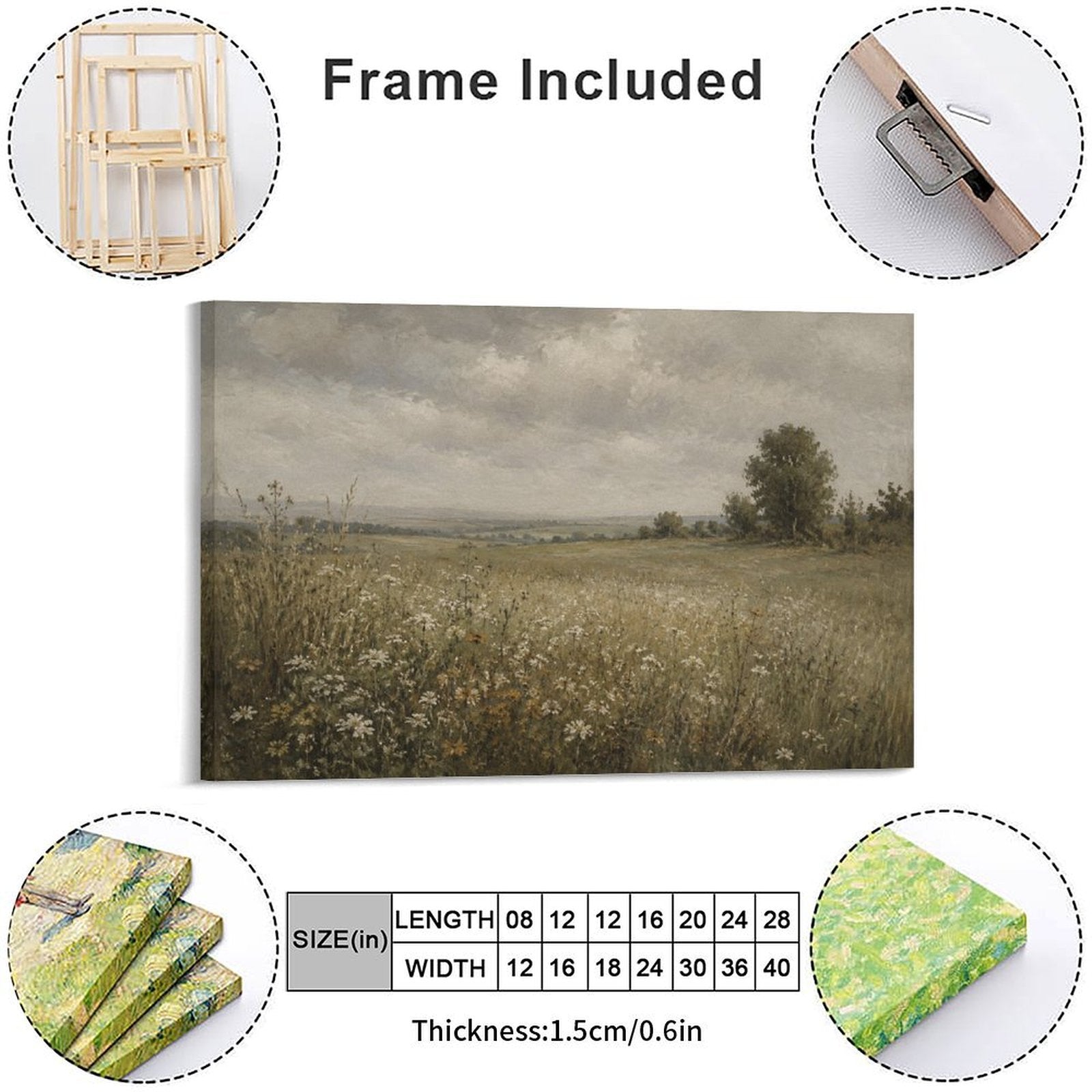 English Country Meadow Daisy Field Framed Canvas Wall Art | Vintage Moody Landscape Print