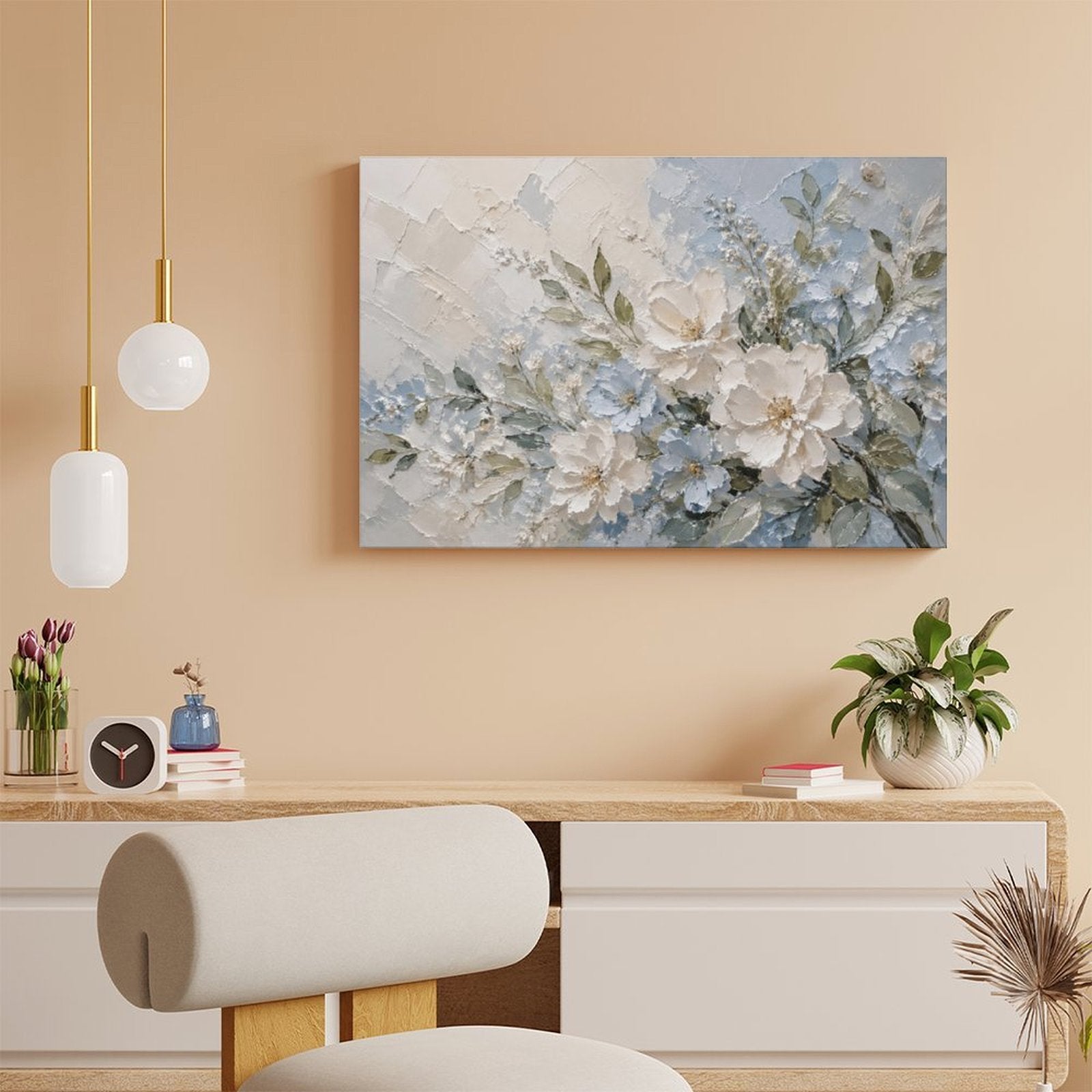 White Peony Blue Floral Textured Framed Canvas Wall Art | French Cottage Botanical Relief Print