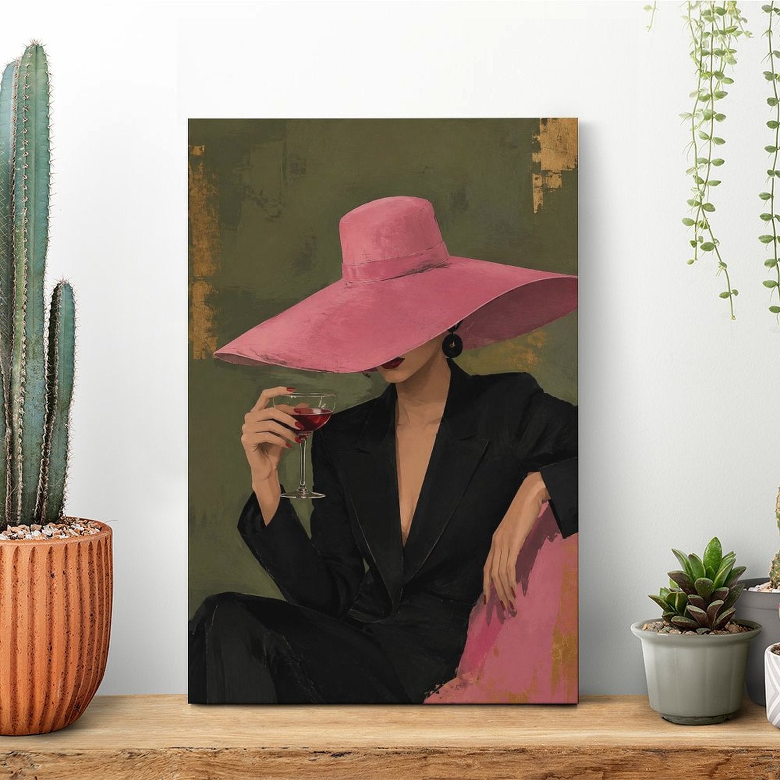 Chic Woman Pink Hat Red Wine Framed Canvas Wall Art | Vintage Fashion Figurative Print