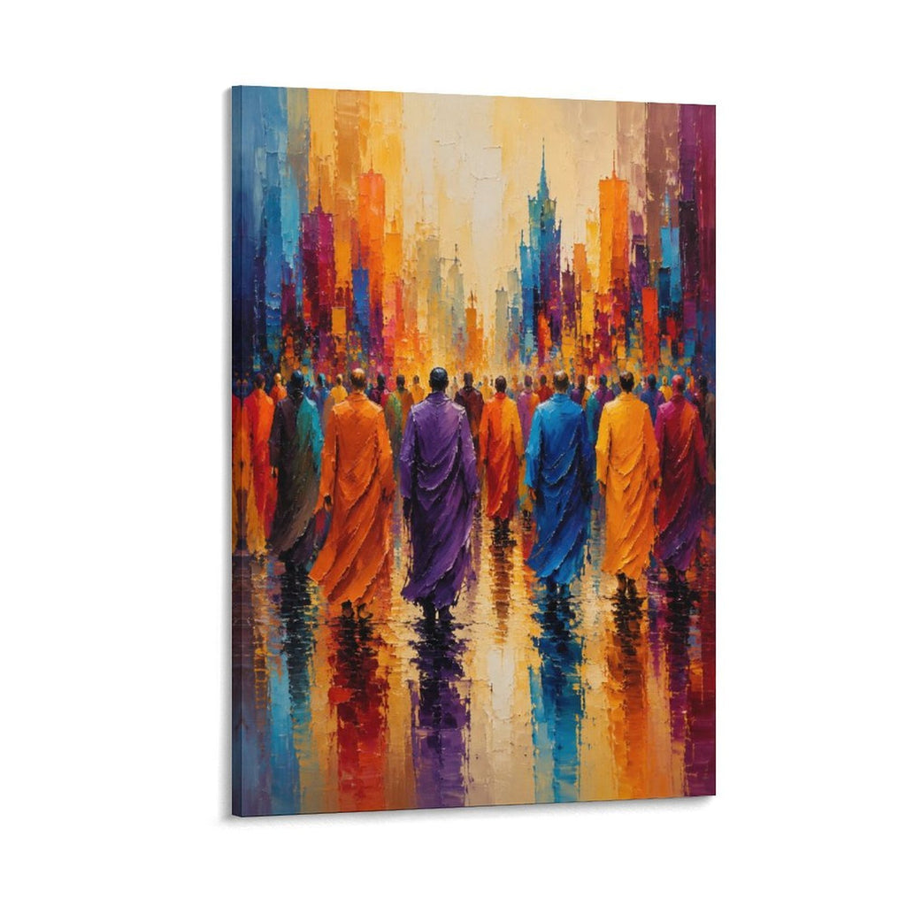 Buddhist Monks in Orange Robes Walking Colorful Rainy City Street Framed Canvas Wall Art