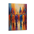 Buddhist Monks in Orange Robes Walking Colorful Rainy City Street Framed Canvas Wall Art
