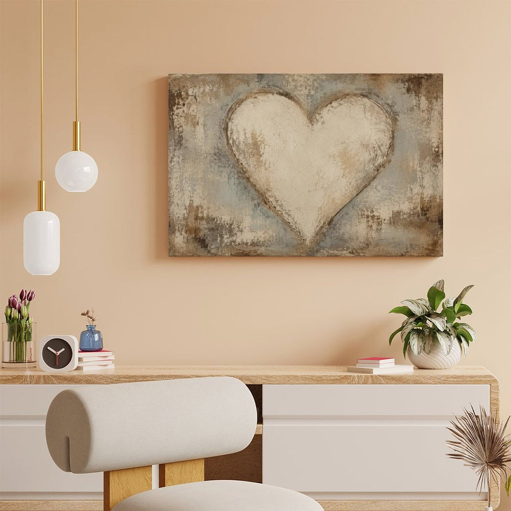 Rustic Cream Heart Textured Framed Canvas Wall Art | Vintage Romantic Love Print