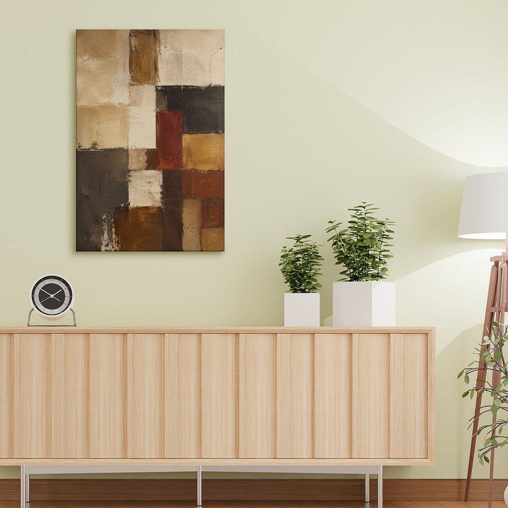 Earth Tone Geometric Block Abstract Textured Framed Canvas Wall Art | Mondrian-Style Neutral Print