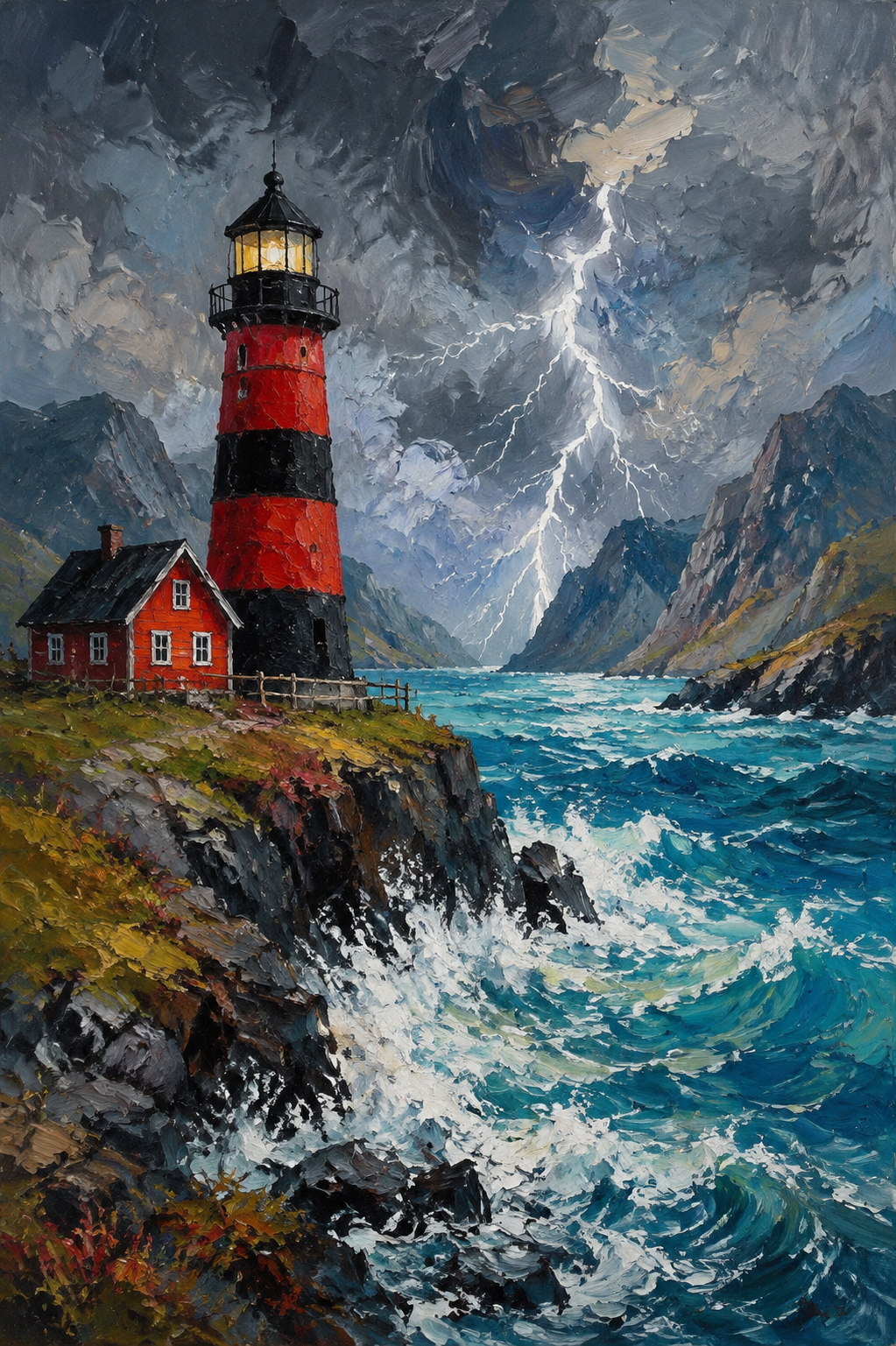 Stormy Lighthouse Cliff Framed Canvas Wall Art | Red & Black Coastal Oil Painting Print