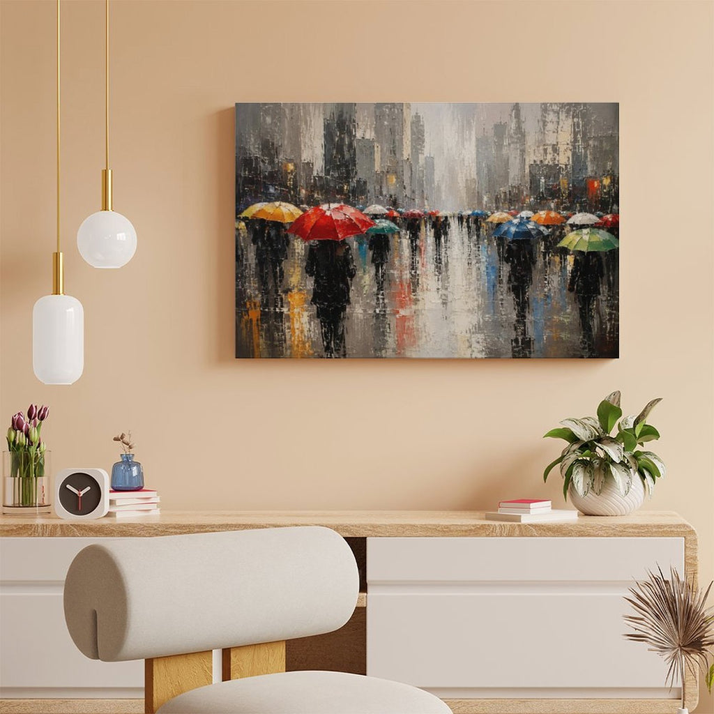 Rainy City Street Colorful Umbrellas Framed Canvas Wall Art | Impressionist Urban Scene Print