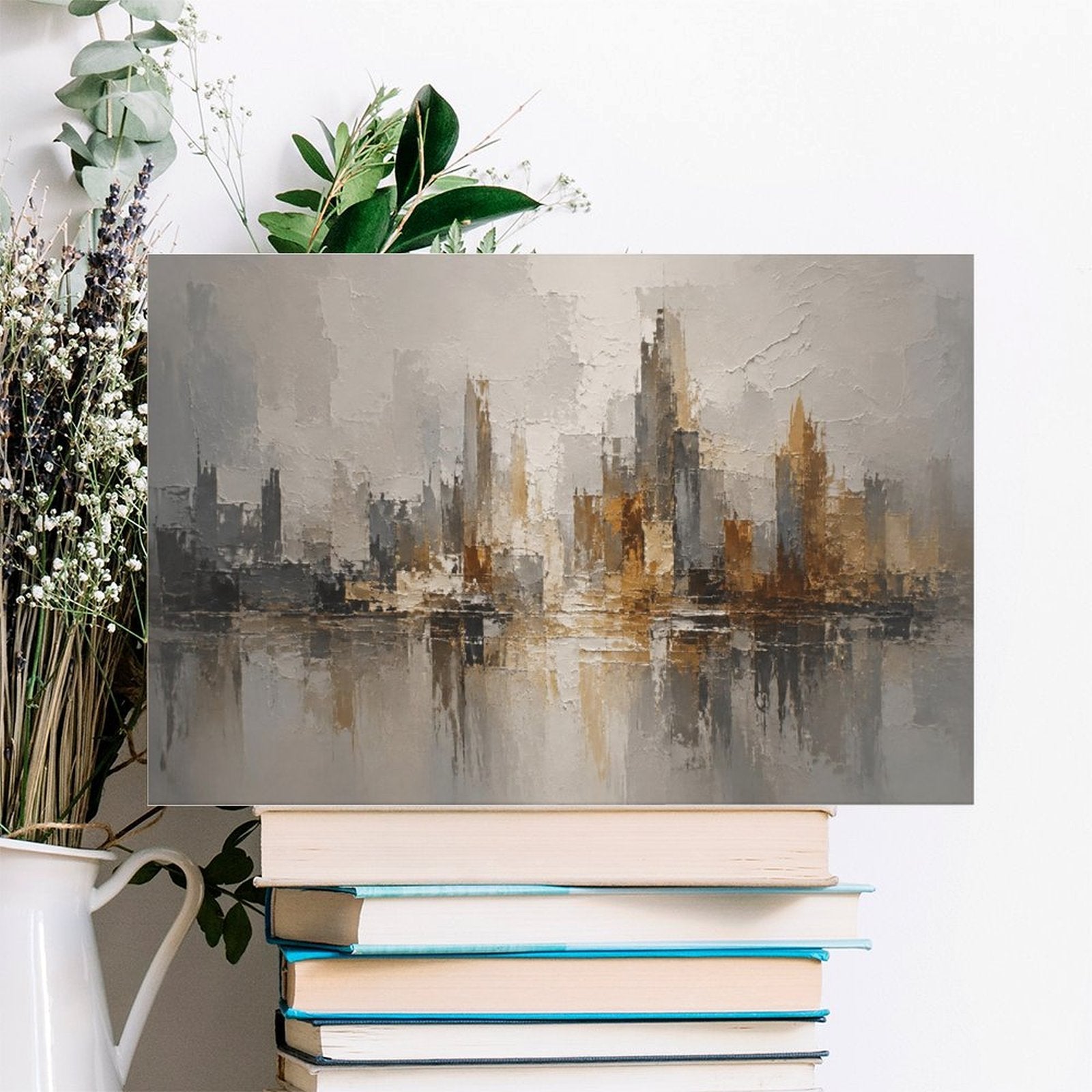Abstract City Skyline Gold Grey Framed Canvas Wall Art | Modern Urban Textured Landscape Print