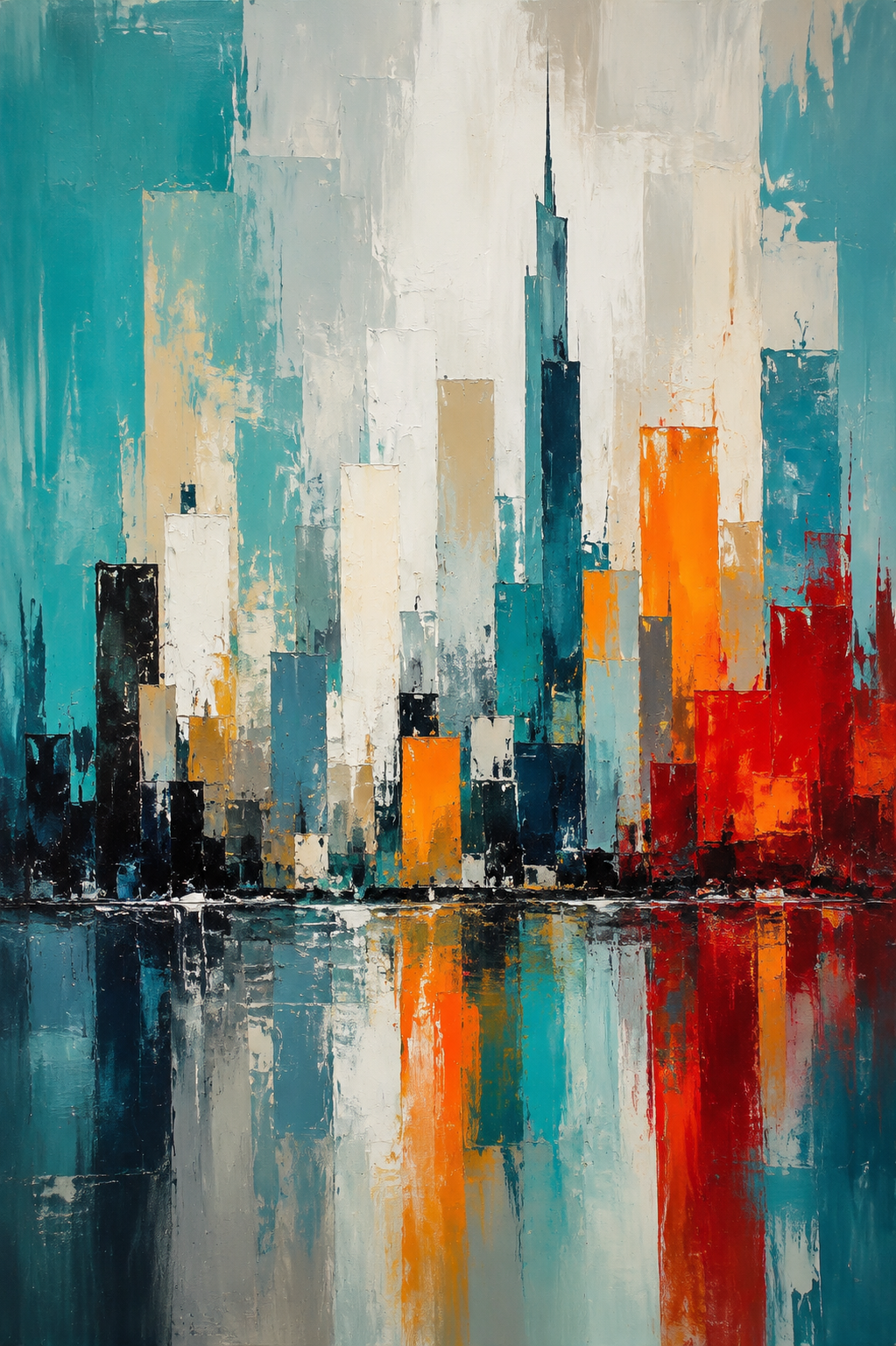 Abstract City Skyline Teal Orange Framed Canvas Wall Art | Modern Urban Palette Knife Print