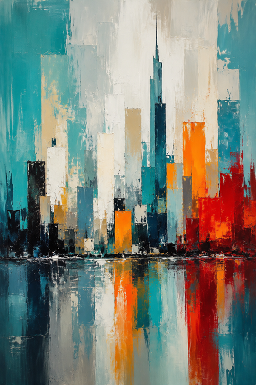 Abstract City Skyline Teal Orange Framed Canvas Wall Art | Modern Urban Palette Knife Print