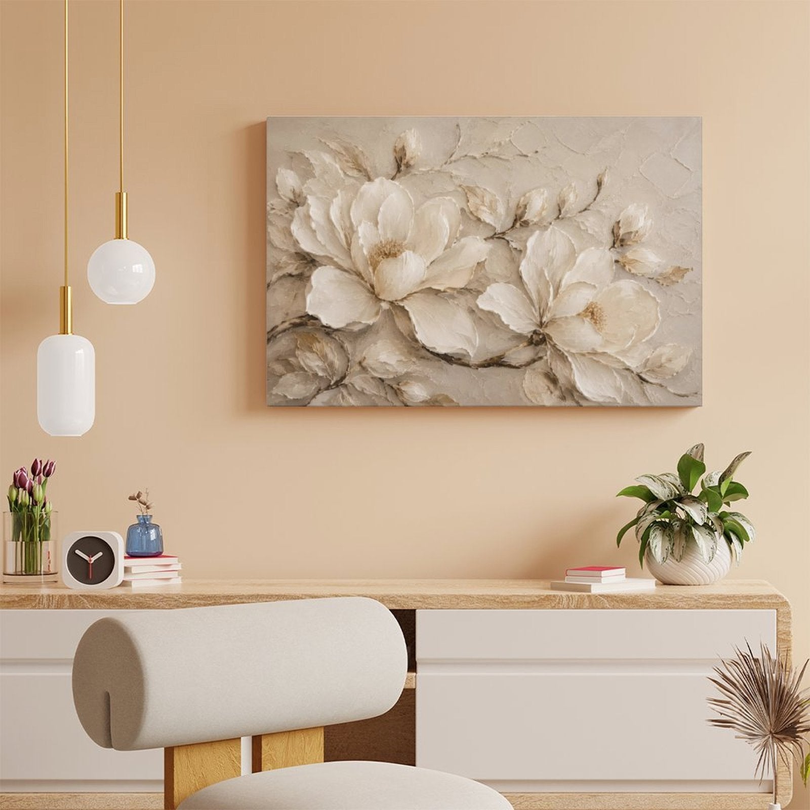 Cream Magnolia Textured Relief Framed Canvas Wall Art | Neutral Luxury Floral Print