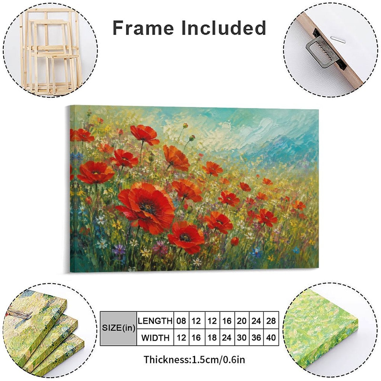 Red Poppy Wildflower Meadow Framed Canvas Wall Art | Impressionist Floral Field Print