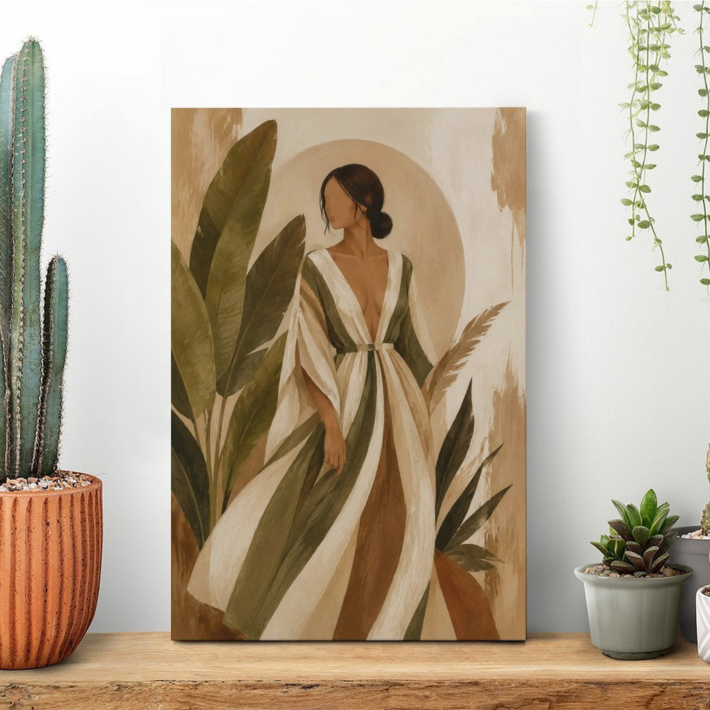 Boho Woman Striped Dress Tropical Leaves Framed Canvas Wall Art | Neutral Figurative Botanical Print
