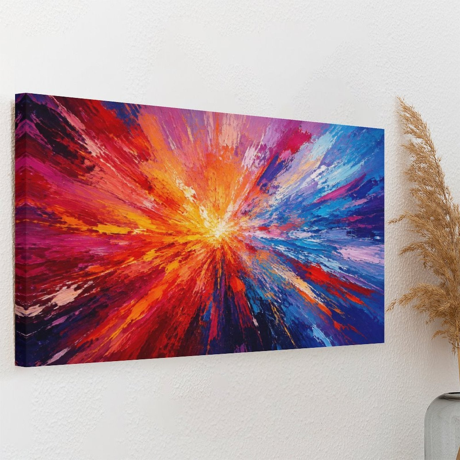 Red Orange Gold Starburst Abstract Framed Canvas Wall Art | Bold Energy Explosion Print