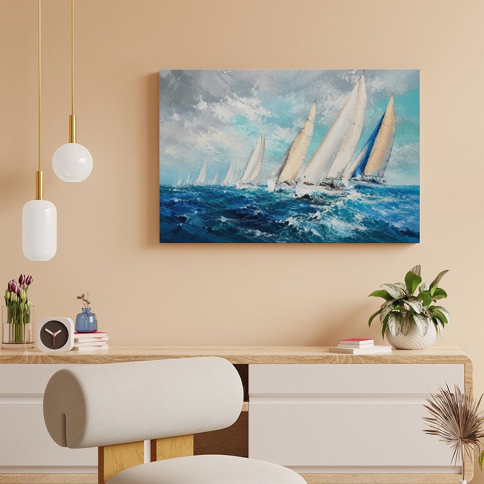 Sailing Regatta Ocean Race Framed Canvas Wall Art | Impressionist Nautical Seascape Print