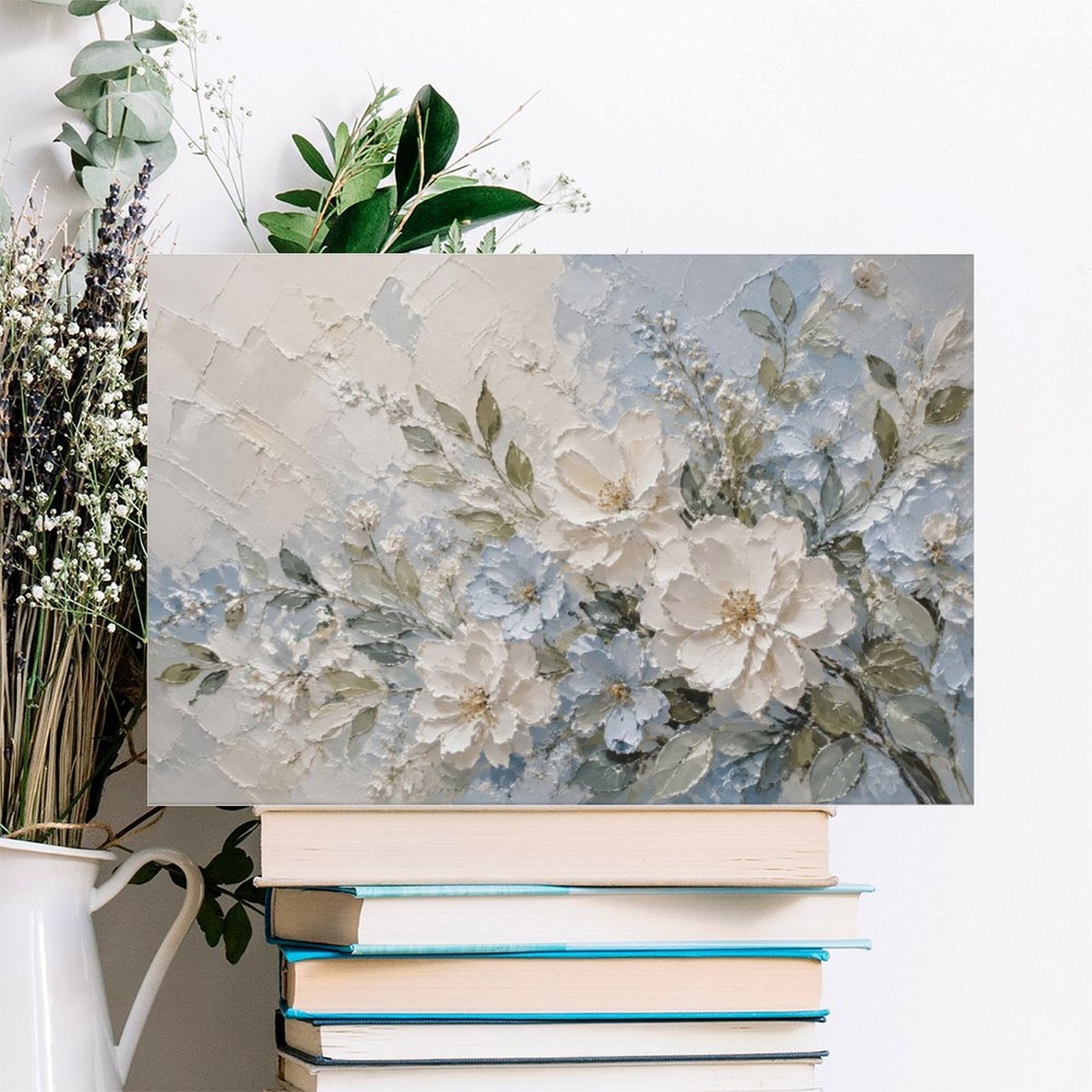 White Peony Blue Floral Textured Framed Canvas Wall Art | French Cottage Botanical Relief Print