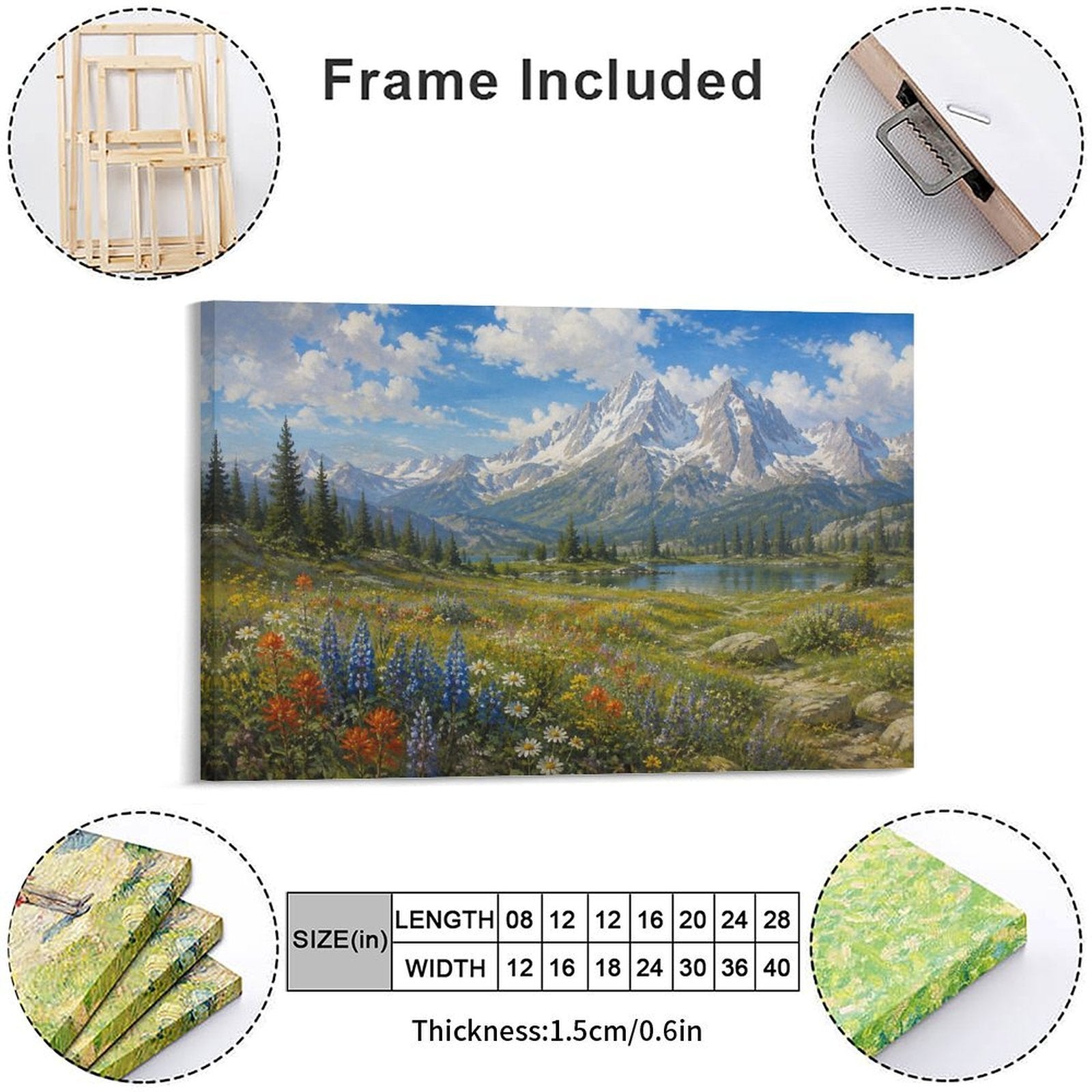 Alpine Wildflower Meadow Snow Mountain Lake Framed Canvas Wall Art | Realist Mountain Landscape Print