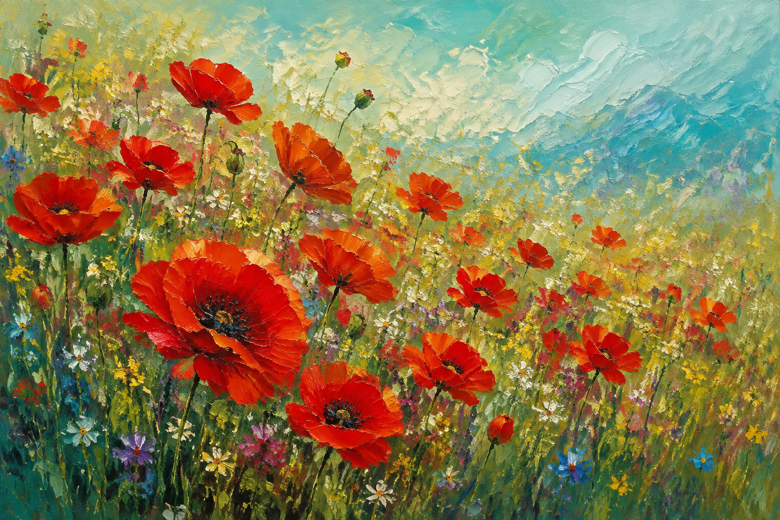 Red Poppy Wildflower Meadow Framed Canvas Wall Art | Impressionist Floral Field Print