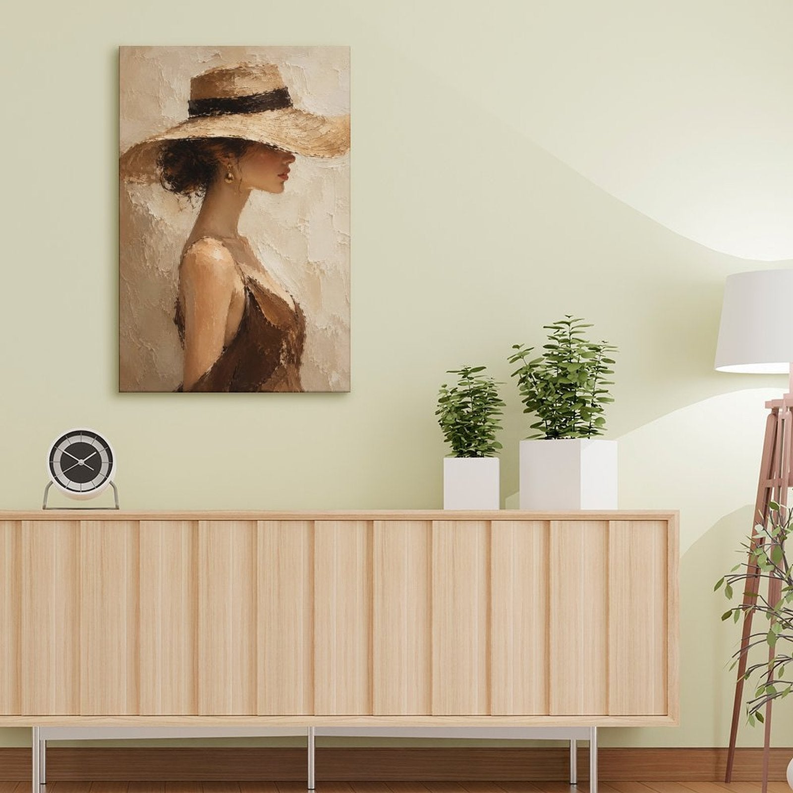 Elegant Woman Wide Brim Hat Textured Framed Canvas Wall Art | Neutral Figurative Portrait Print