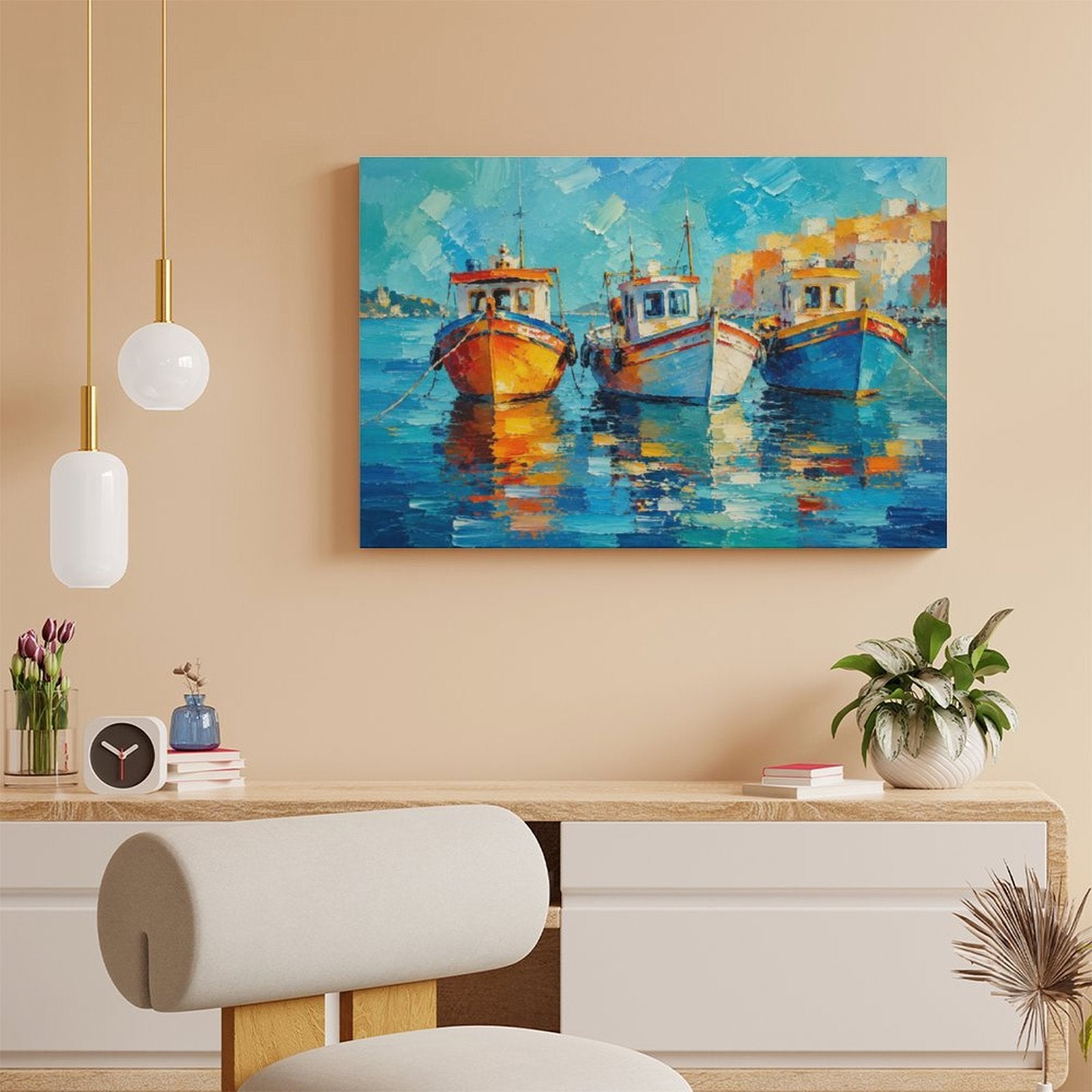 Mediterranean Harbor Fishing Boats Framed Canvas Wall Art | Colorful Impressionist Nautical Print
