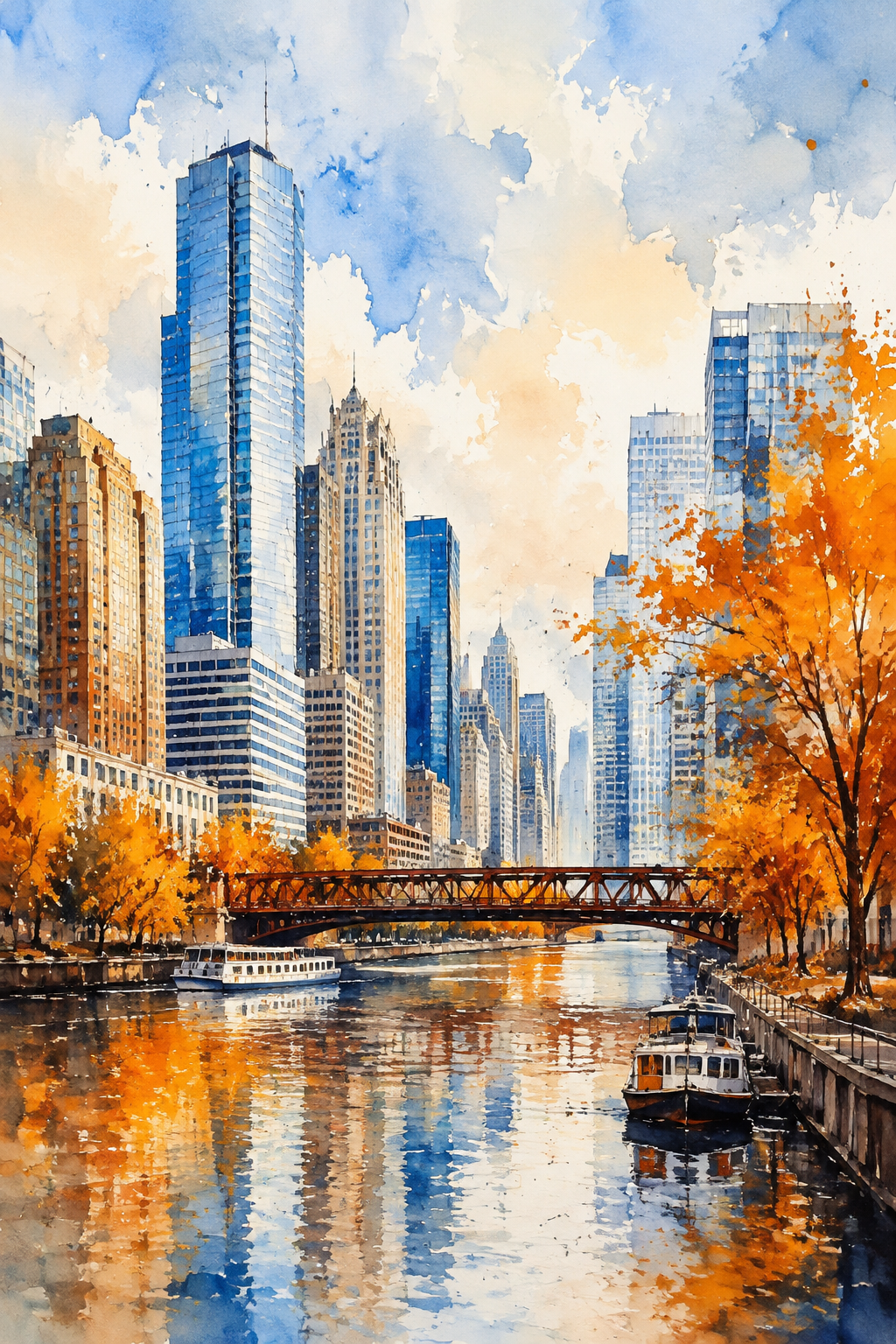 Chicago River Autumn Skyline Watercolor Framed Canvas Wall Art | Impressionist City Print