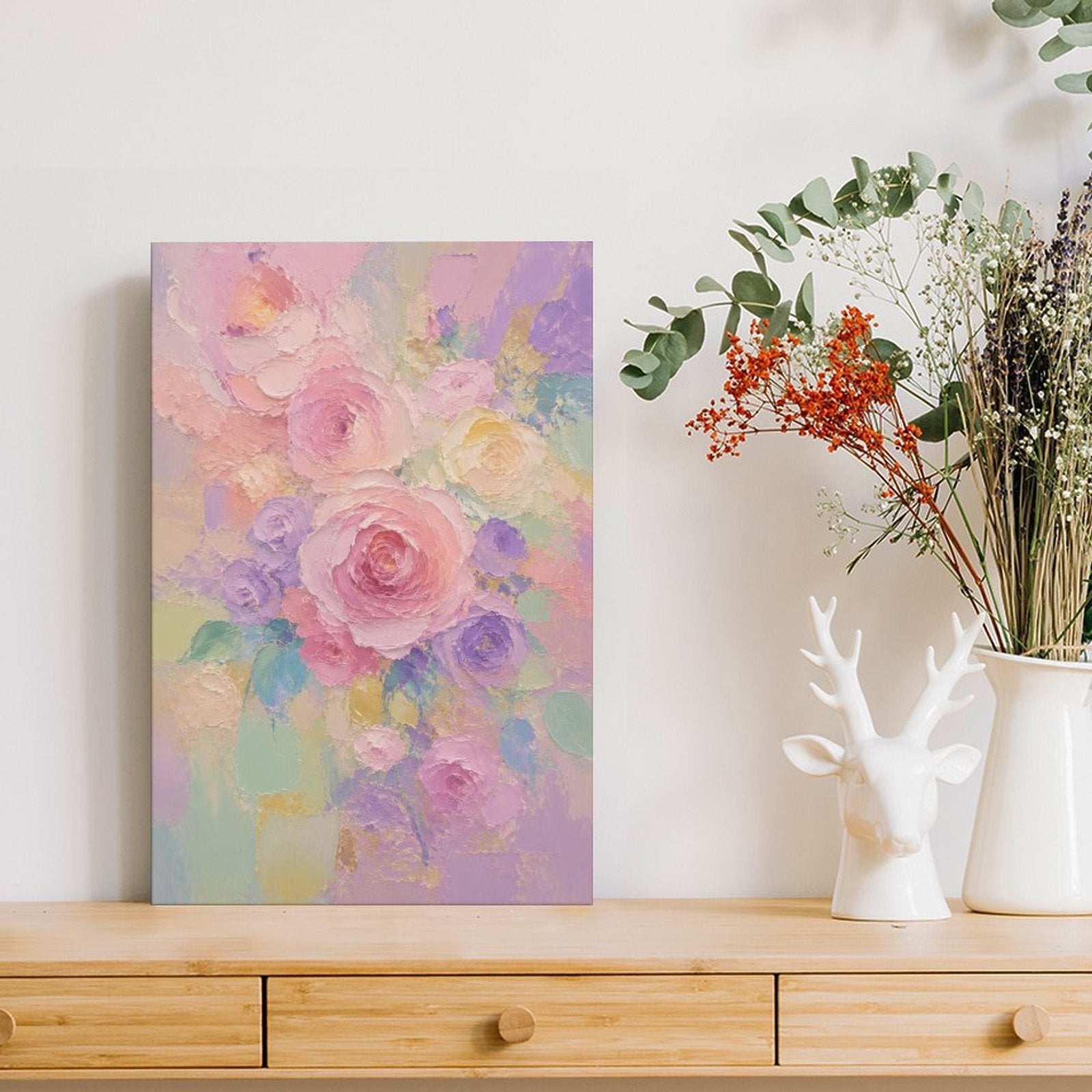 Pastel Rose Peony Bouquet Framed Canvas Wall Art | Soft Pink Purple Floral Print