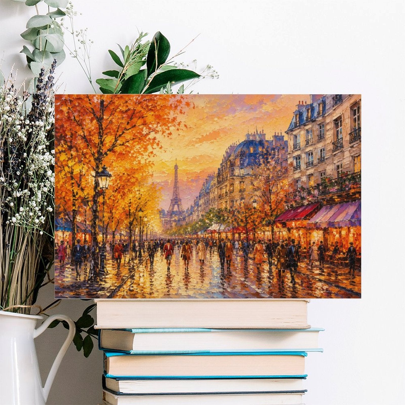 Paris Autumn Street Eiffel Tower Cafe Framed Canvas Wall Art | Impressionist French City Print