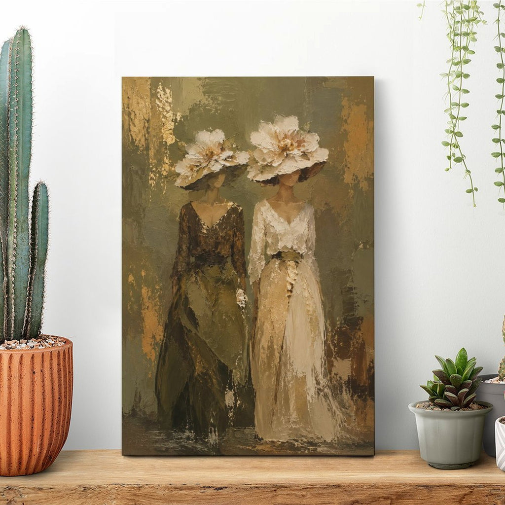 Two Elegant Women Floral Hat Vintage Framed Canvas Wall Art | Old Master Figurative Print