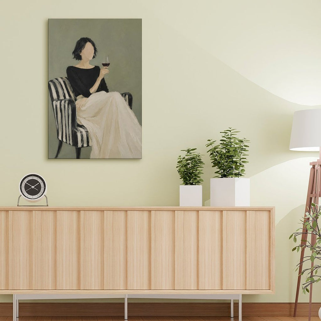 Elegant Woman with Wine Glass Framed Canvas Wall Art | Minimalist Figurative Print