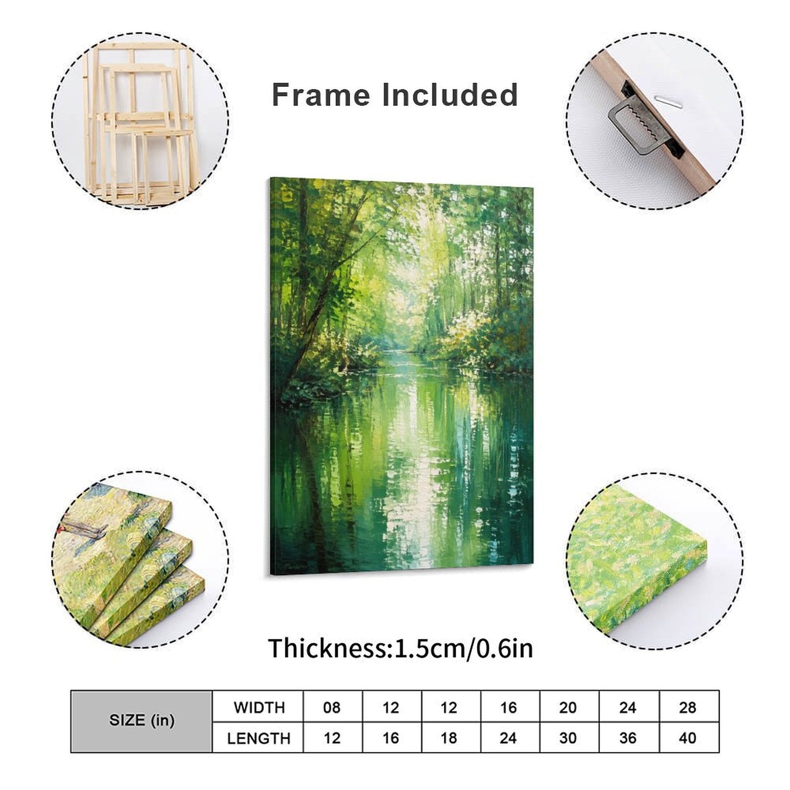 Emerald Forest River Monet-Style Framed Canvas Wall Art | Impressionist Green Nature Print