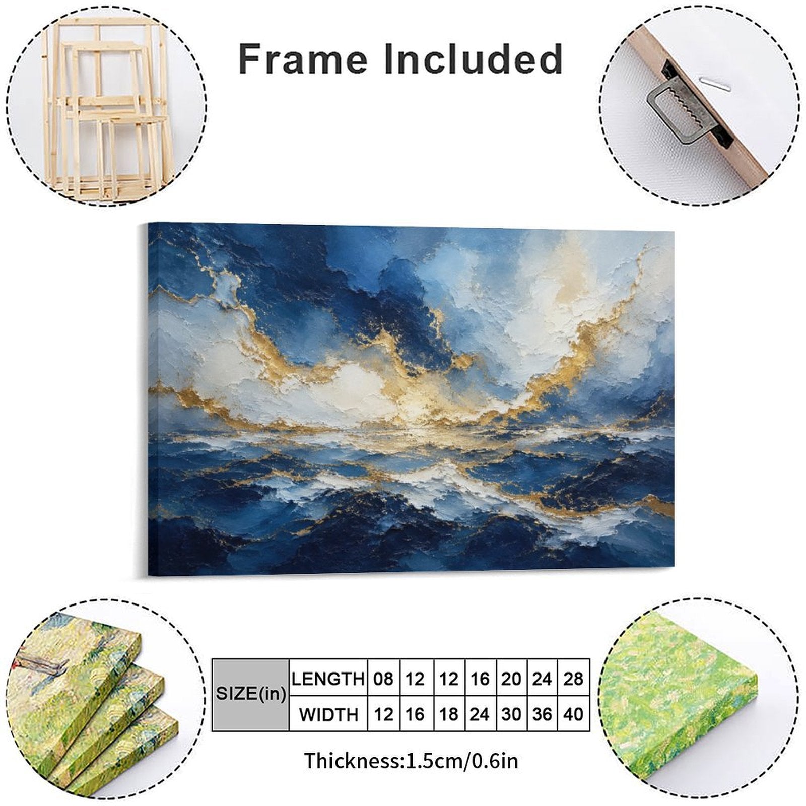 Abstract Navy Blue Gold Ocean Storm Framed Canvas Wall Art | Luxury Seascape Textured Print