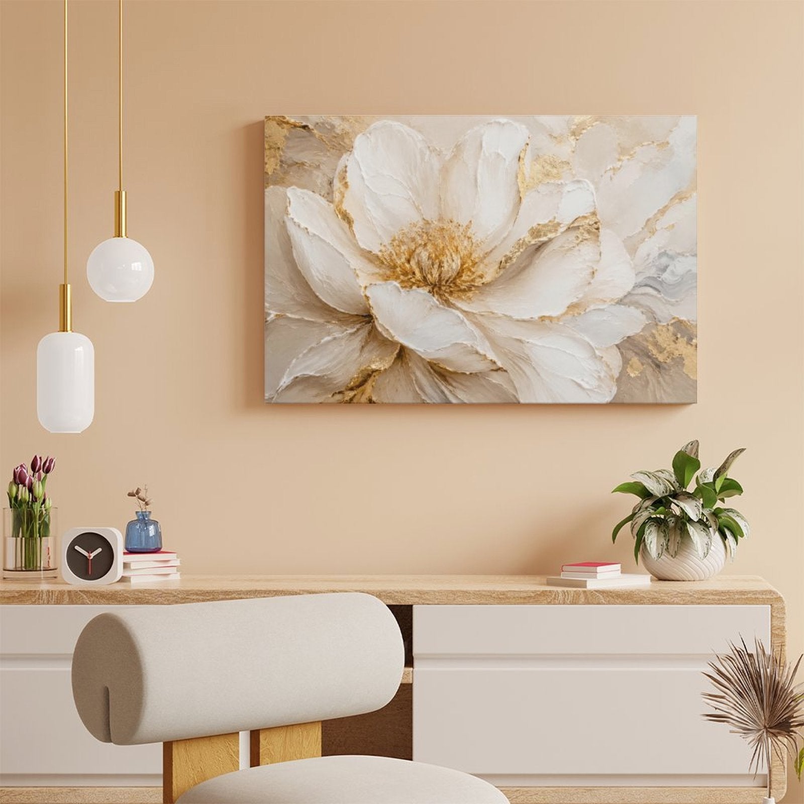 White Peony Gold Accent Close-Up Framed Canvas Wall Art | Luxury Floral Textured Print