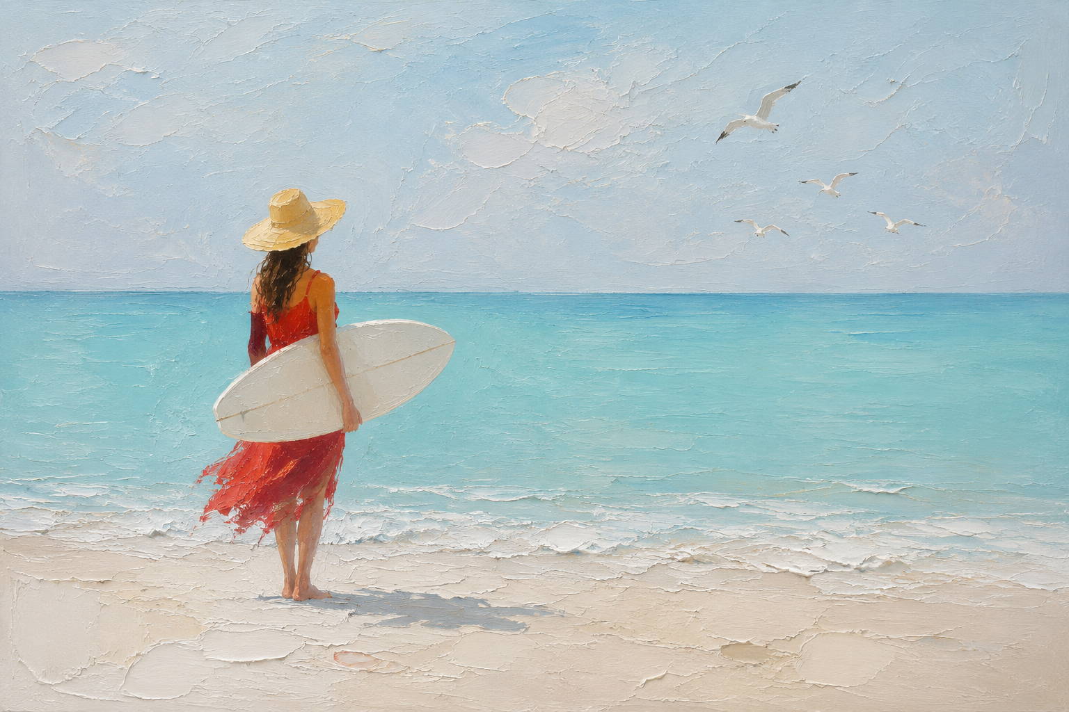 Red Dress Woman Surfer Beach Framed Canvas Wall Art | Coastal Figurative Ocean Print