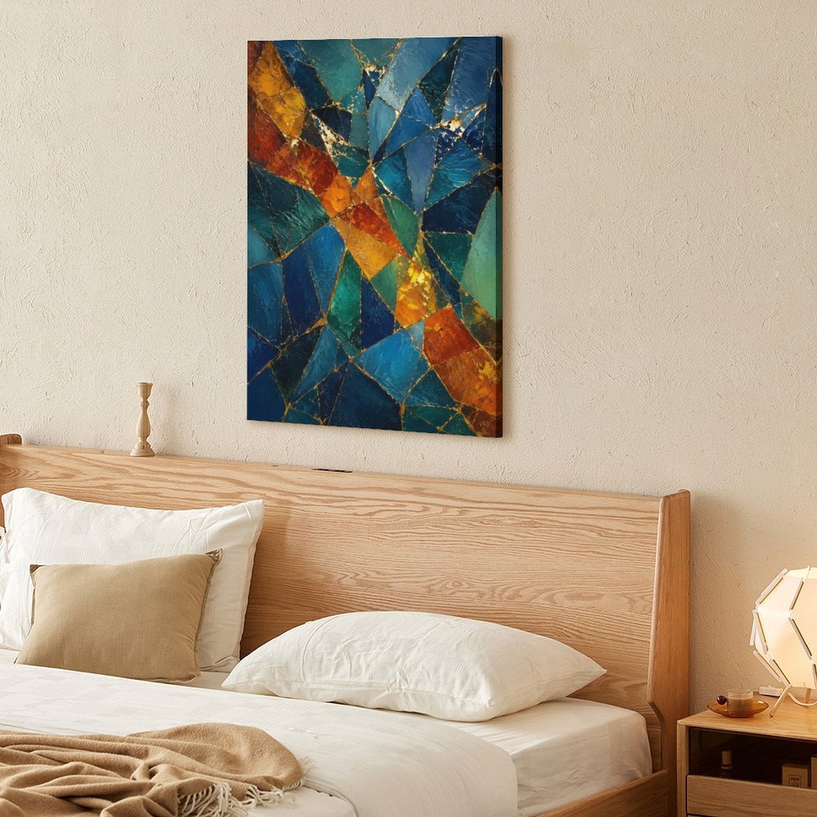 Teal Orange Gold Mosaic Stained Glass Abstract Framed Canvas Wall Art | Jewel Tone Geometric Print