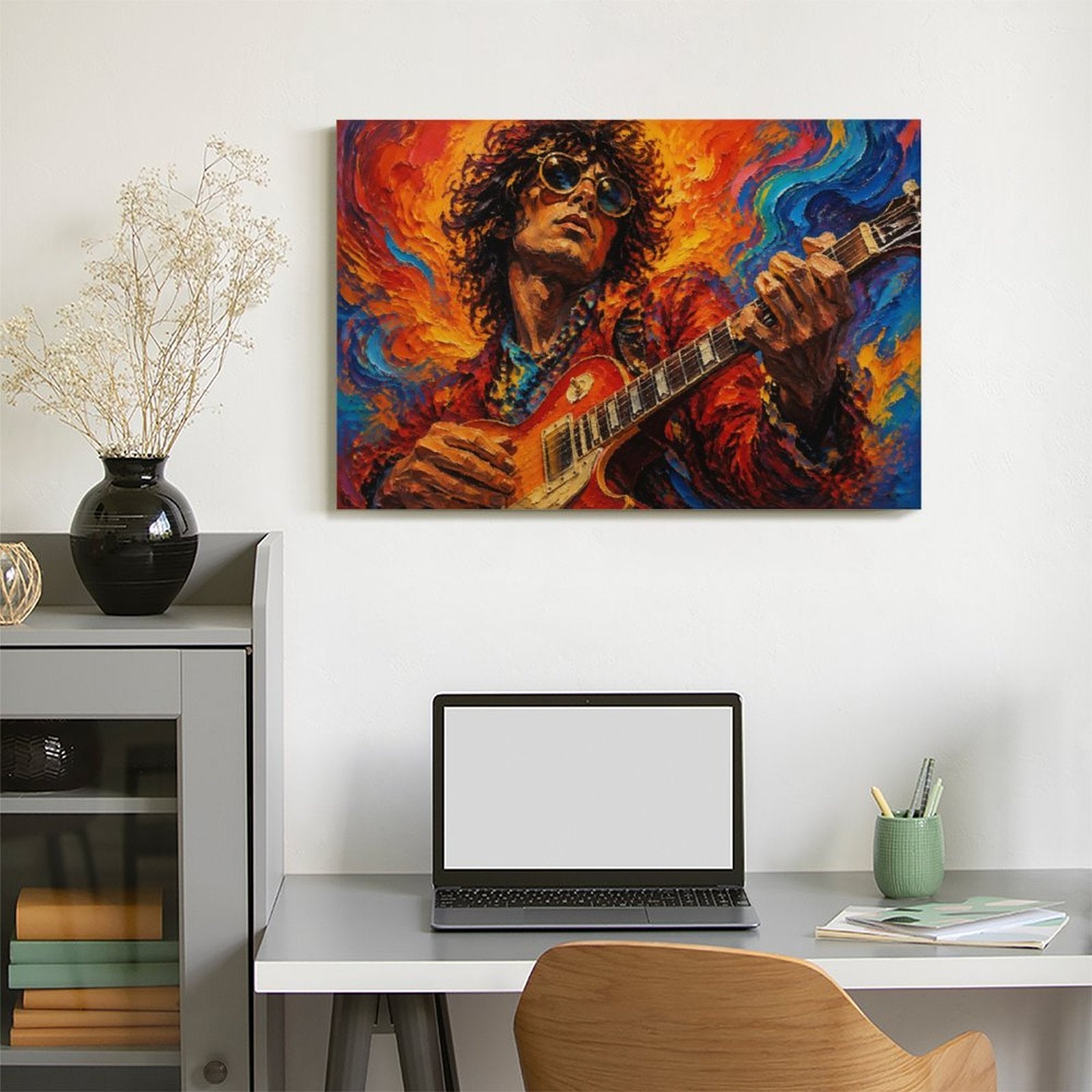 Psychedelic Rock Guitarist Framed Canvas Wall Art | Expressionist Music Portrait Print
