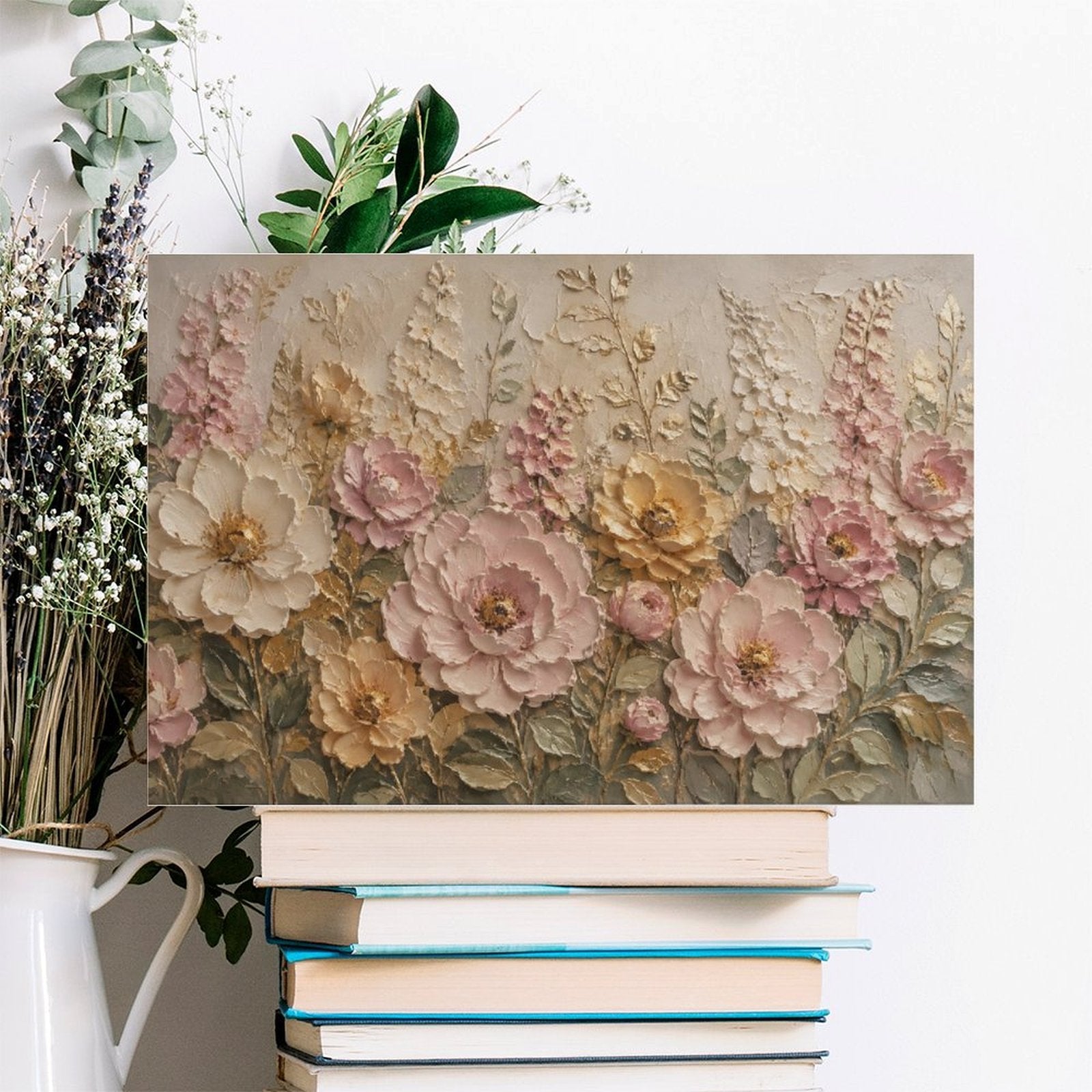 Pink Rose Cream Peony Gold Floral Textured Framed Canvas Wall Art | French Romantic Relief Print
