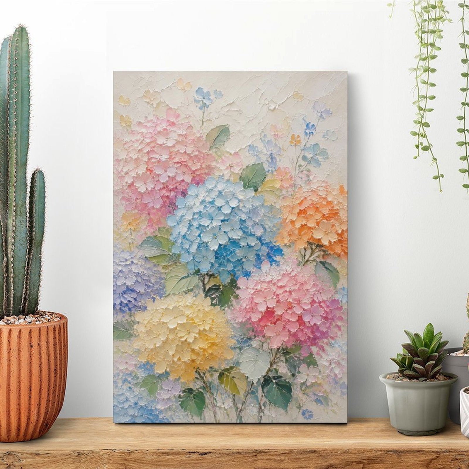 Colorful Hydrangea Garden Textured Framed Canvas Wall Art | Pastel Floral Relief Print