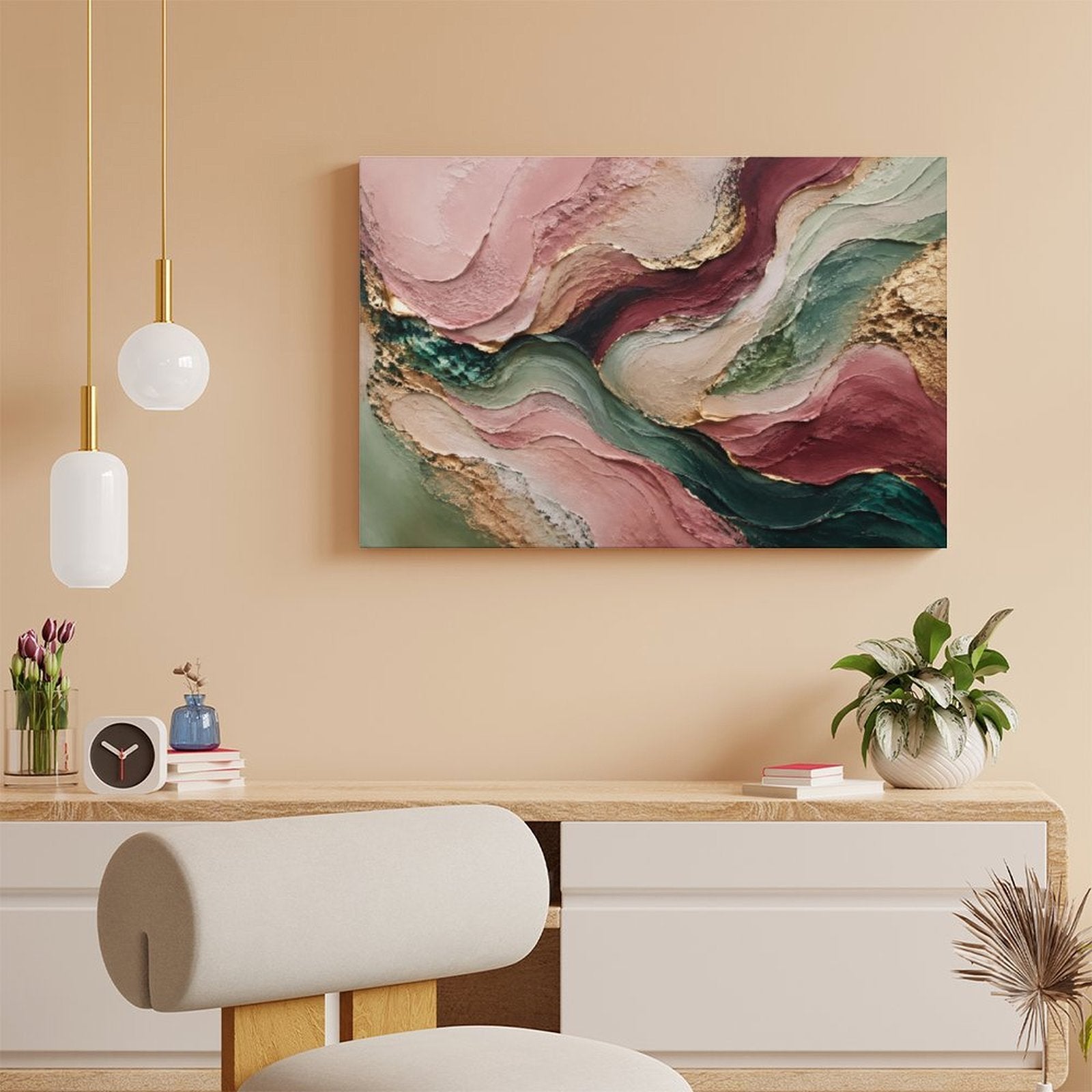 Rose Gold Teal Flowing Wave Textured Abstract Framed Canvas Wall Art | Luxury Palette Knife Print