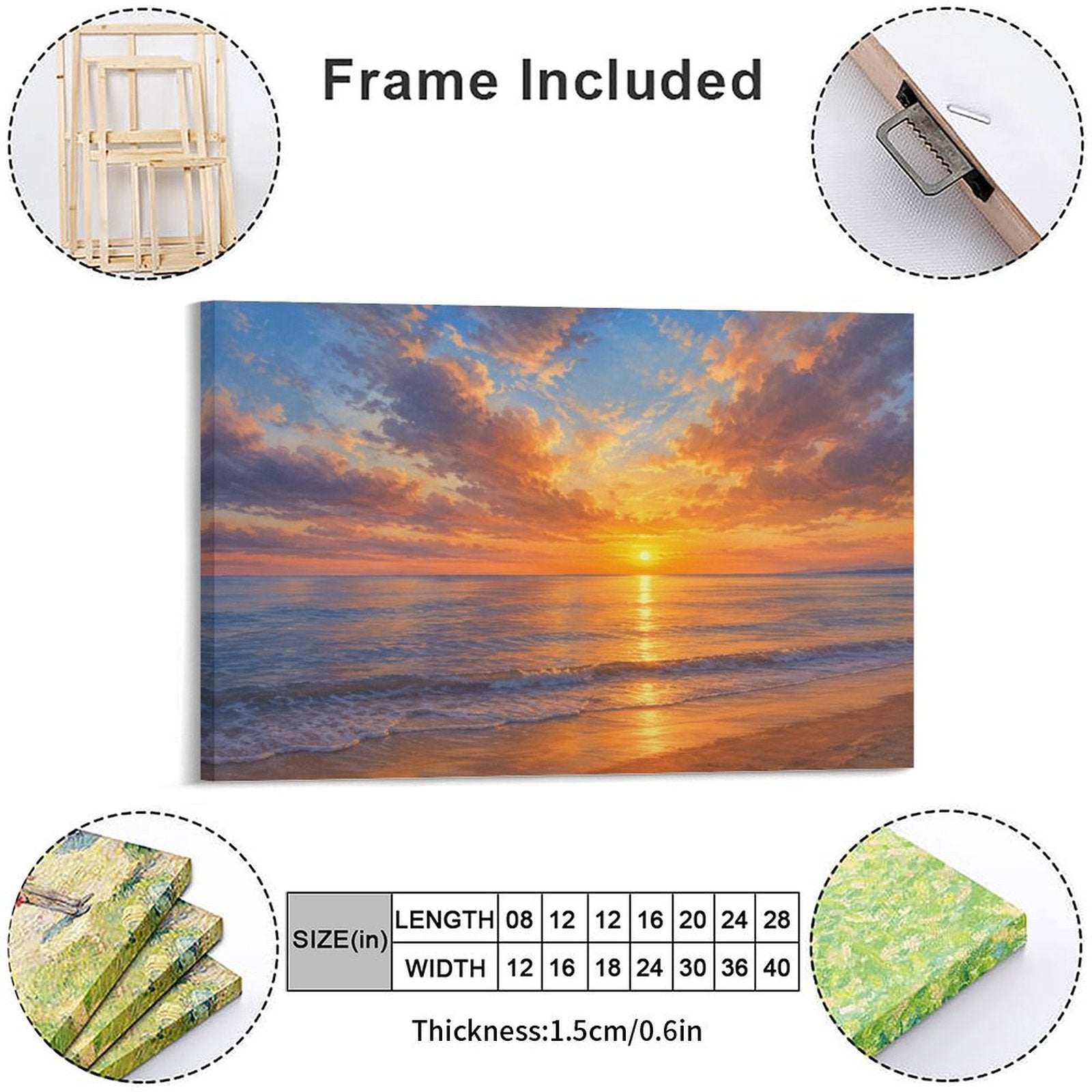 Golden Beach Sunset Framed Canvas Wall Art | Coastal Ocean Seascape Oil Painting Print