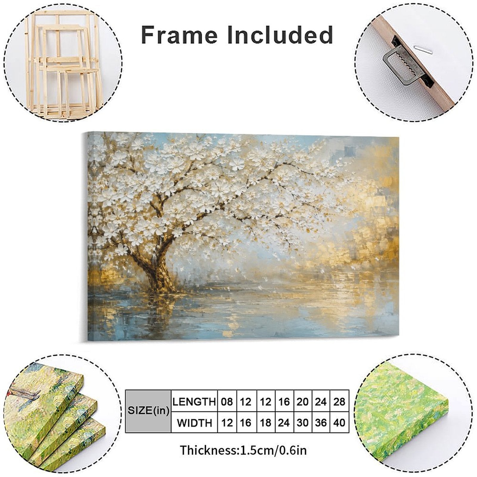 White Blossom Tree Lake Reflection Framed Canvas Wall Art | Gold Blue Textured Landscape Print