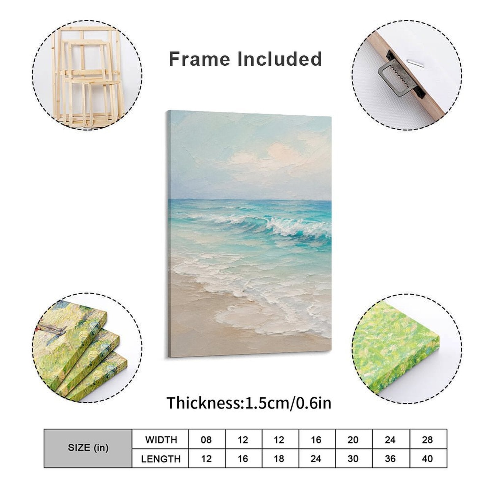 Serene Beach Waves Framed Canvas Wall Art | Soft Teal Coastal Oil Painting Print
