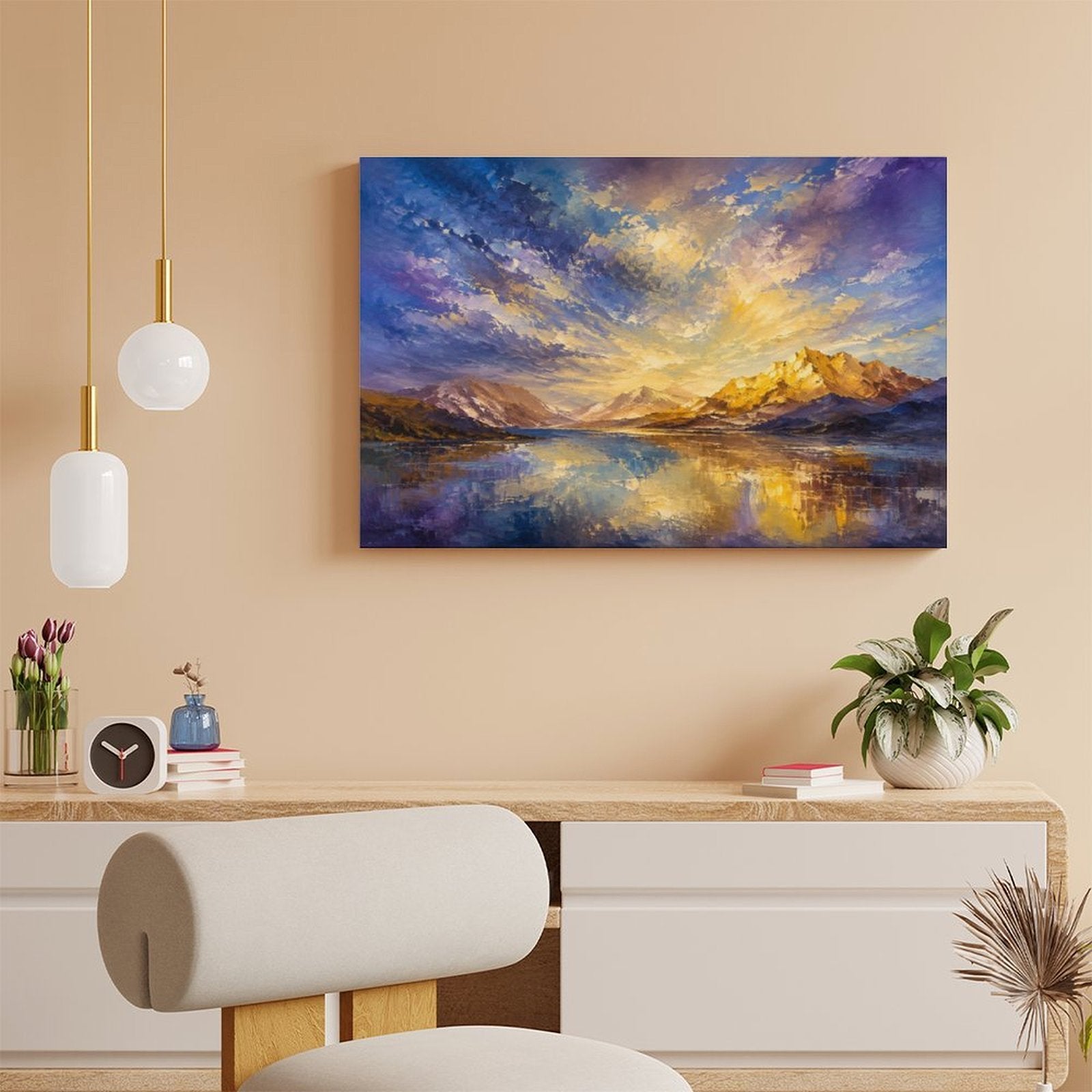 Purple Gold Dramatic Sky Mountain Lake Framed Canvas Wall Art | Impressionist Landscape Print
